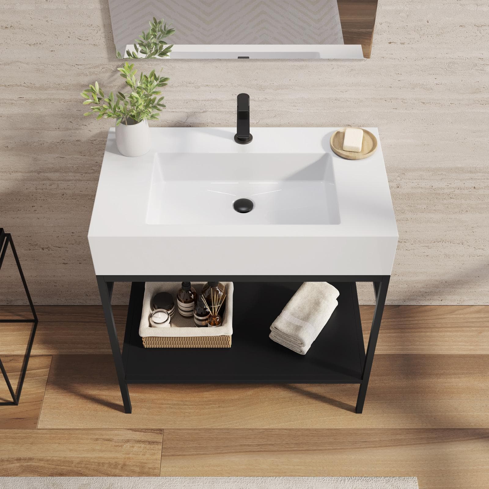 Mobile bagno a terra 80 cm nero opaco con top lavabo e specchio - Axis