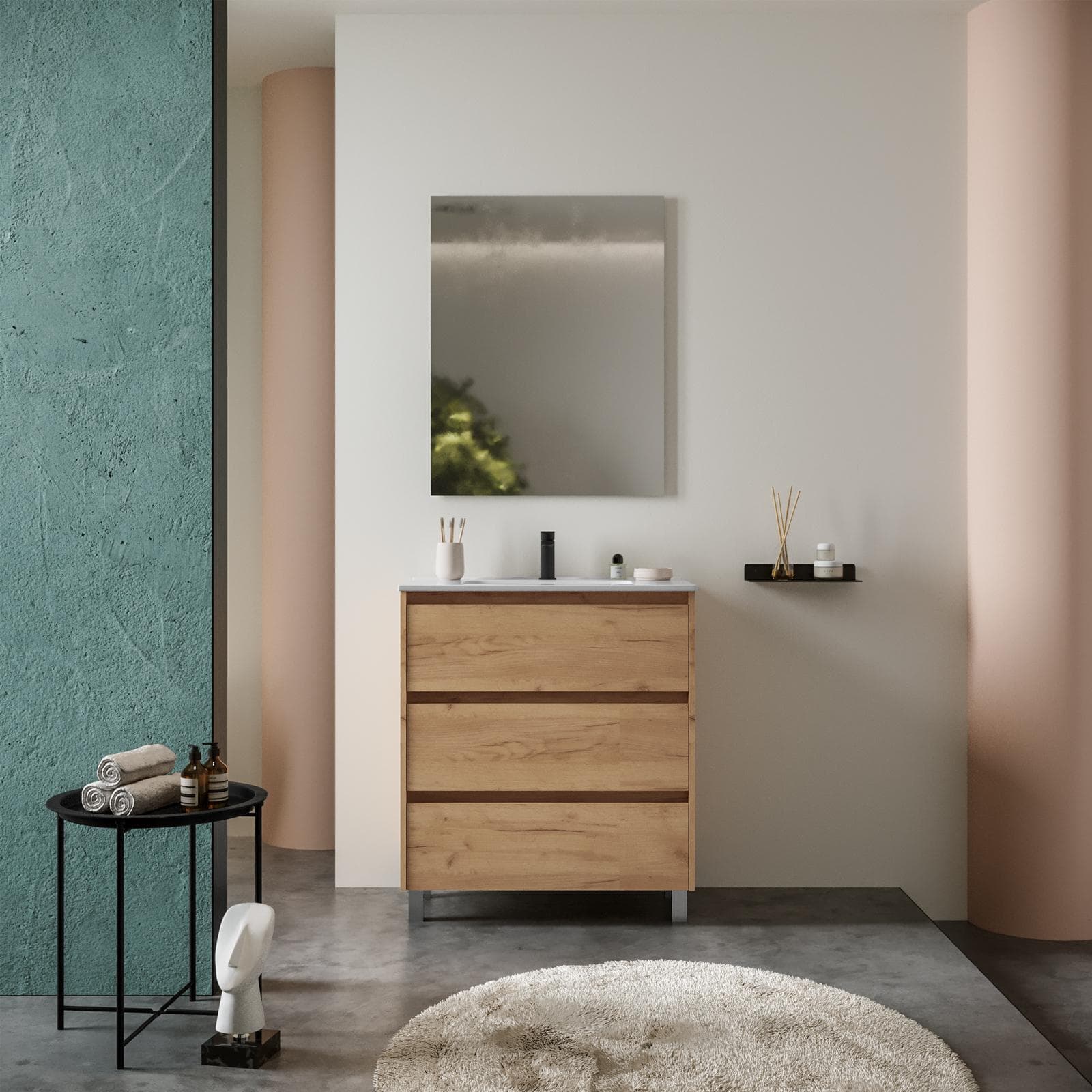 Mobile bagno a terra 80 cm rovere africa con lavabo e specchio - Libras