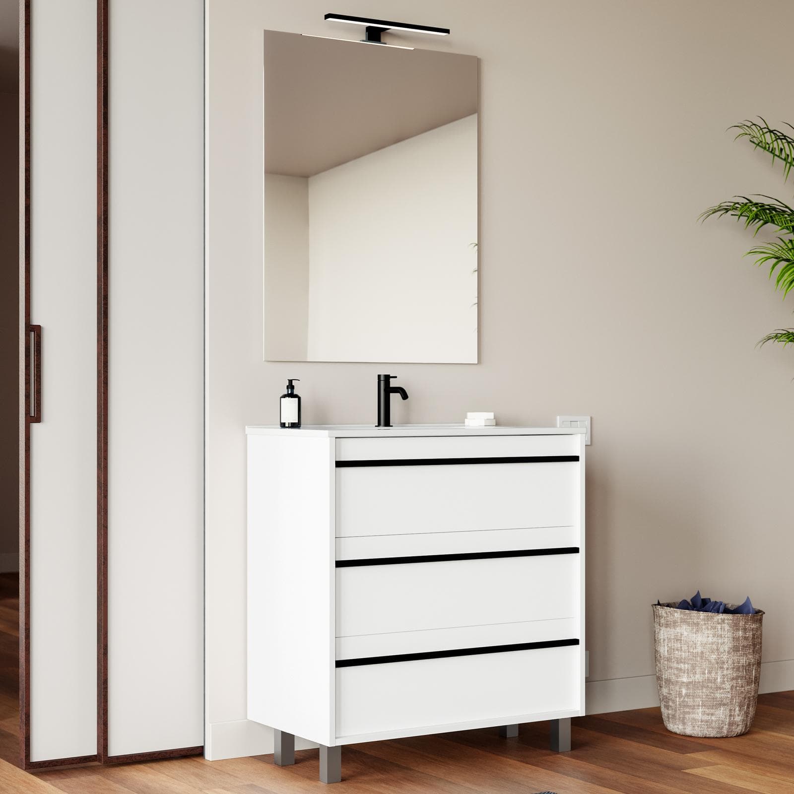 Mobile bagno a terra 80 cm white satinato con lavabo e specchio - Maestro