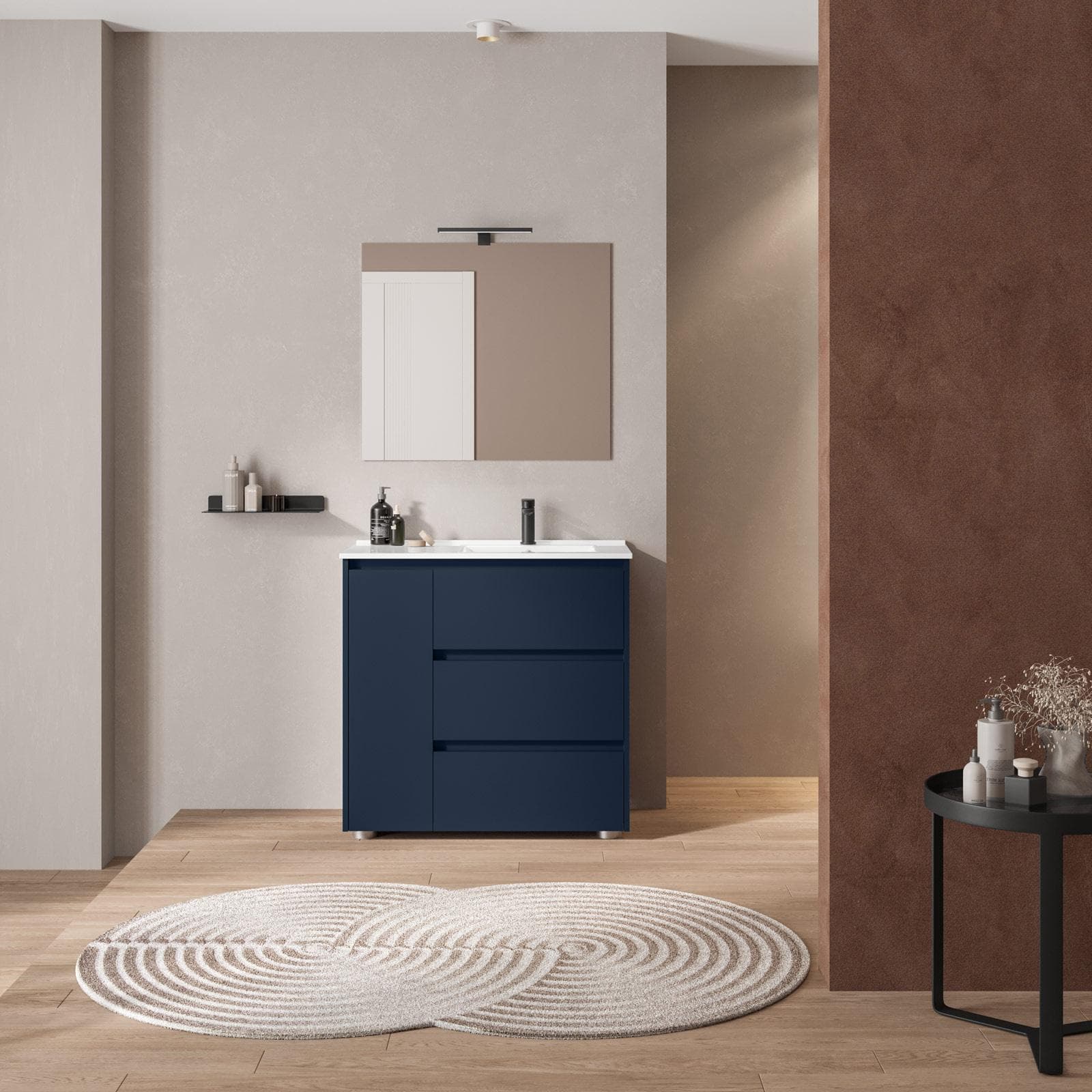 Mobile bagno a terra 85 cm con tre cassetti blu satinato con lavabo dx e specchio - Libras