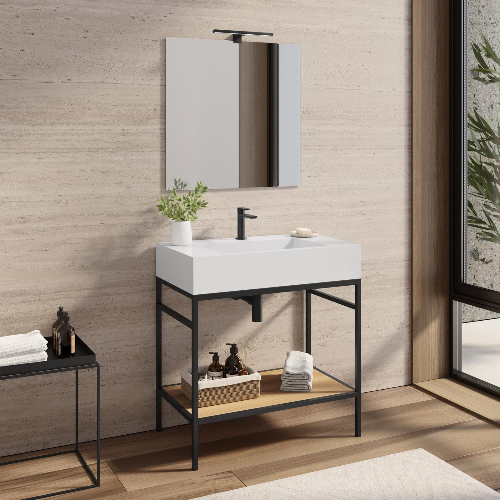 Mobile bagno a terra 90 cm nero e rovere con top lavabo e specchio - Axis