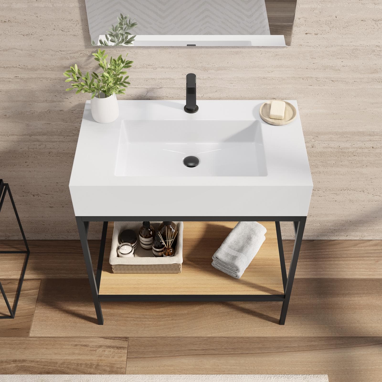 Mobile bagno a terra 90 cm nero e rovere con top lavabo e specchio - Axis