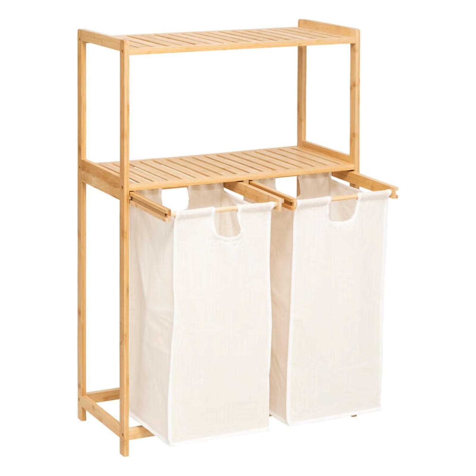 Mobile bagno o lavanderia 72x109h cm in bambù naturale e tessuto bianco con portabiancheria - Lascaux