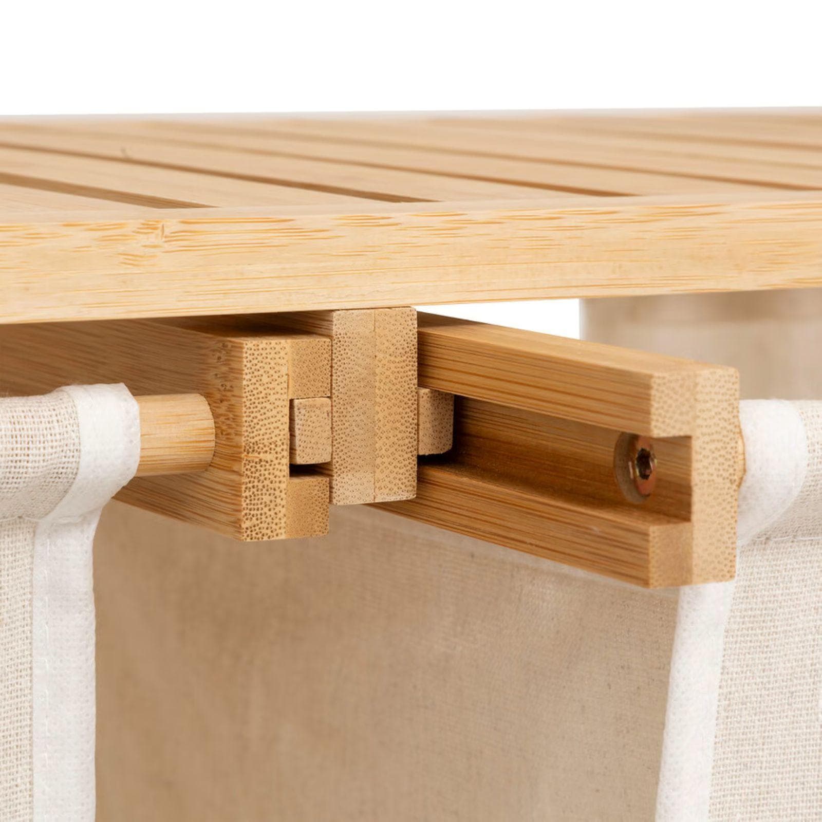 Mobile bagno o lavanderia 72x109h cm in bambù naturale e tessuto bianco con portabiancheria - Lascaux