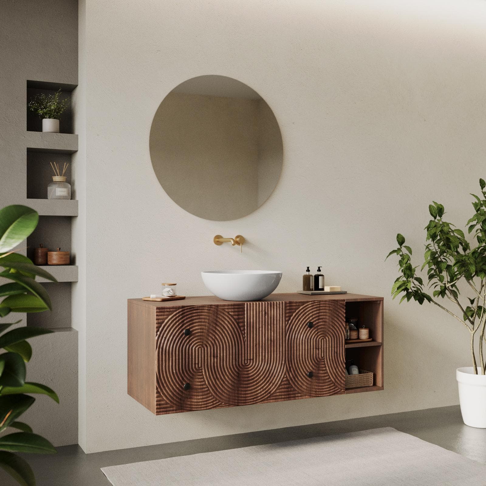 Mobile bagno portalavabo 120 cm 2 cassetti con vani a giorno in legno di mango effetto cannettato - Alisha