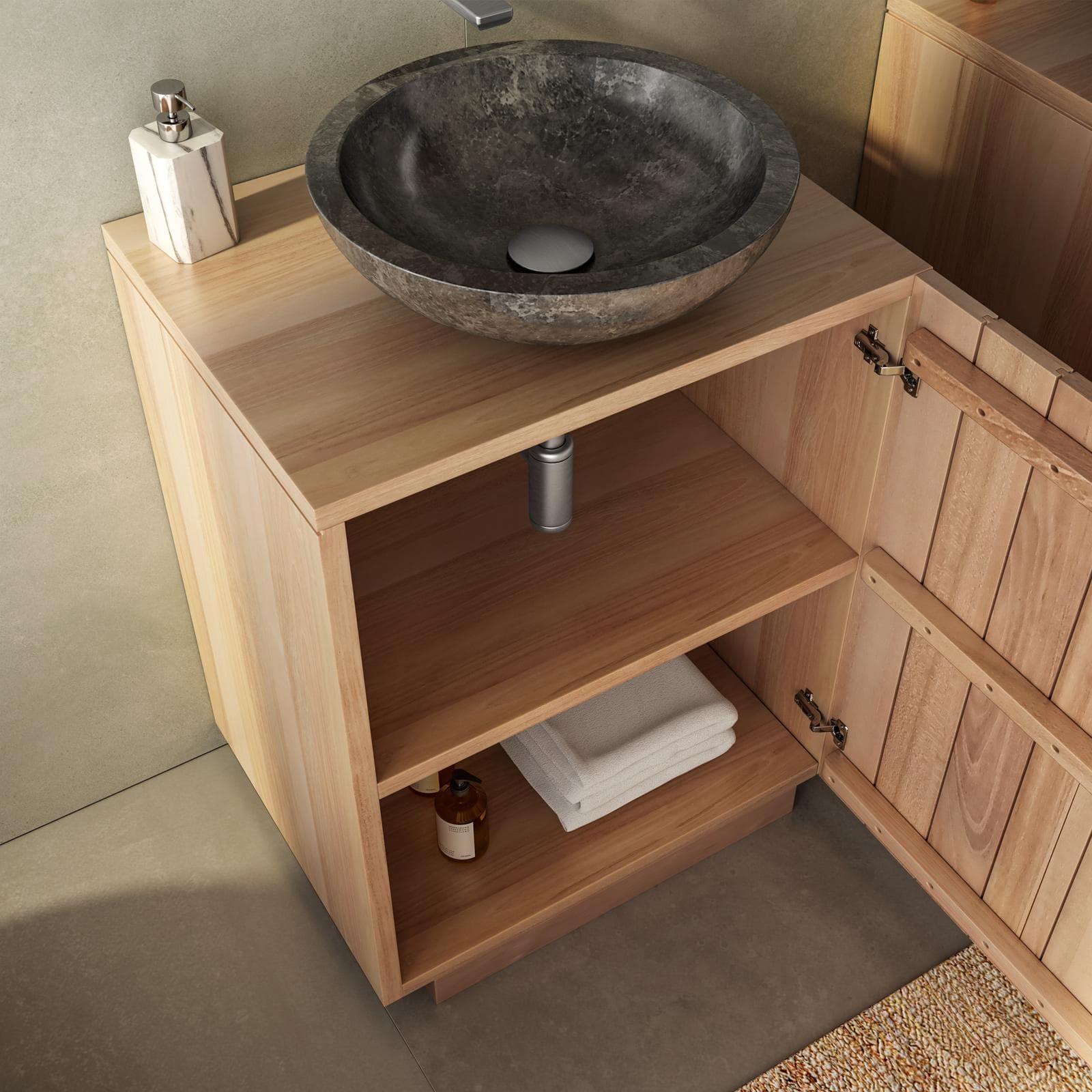 Mobile bagno portalavabo 60 cm con anta in legno teak naturale - Kilua