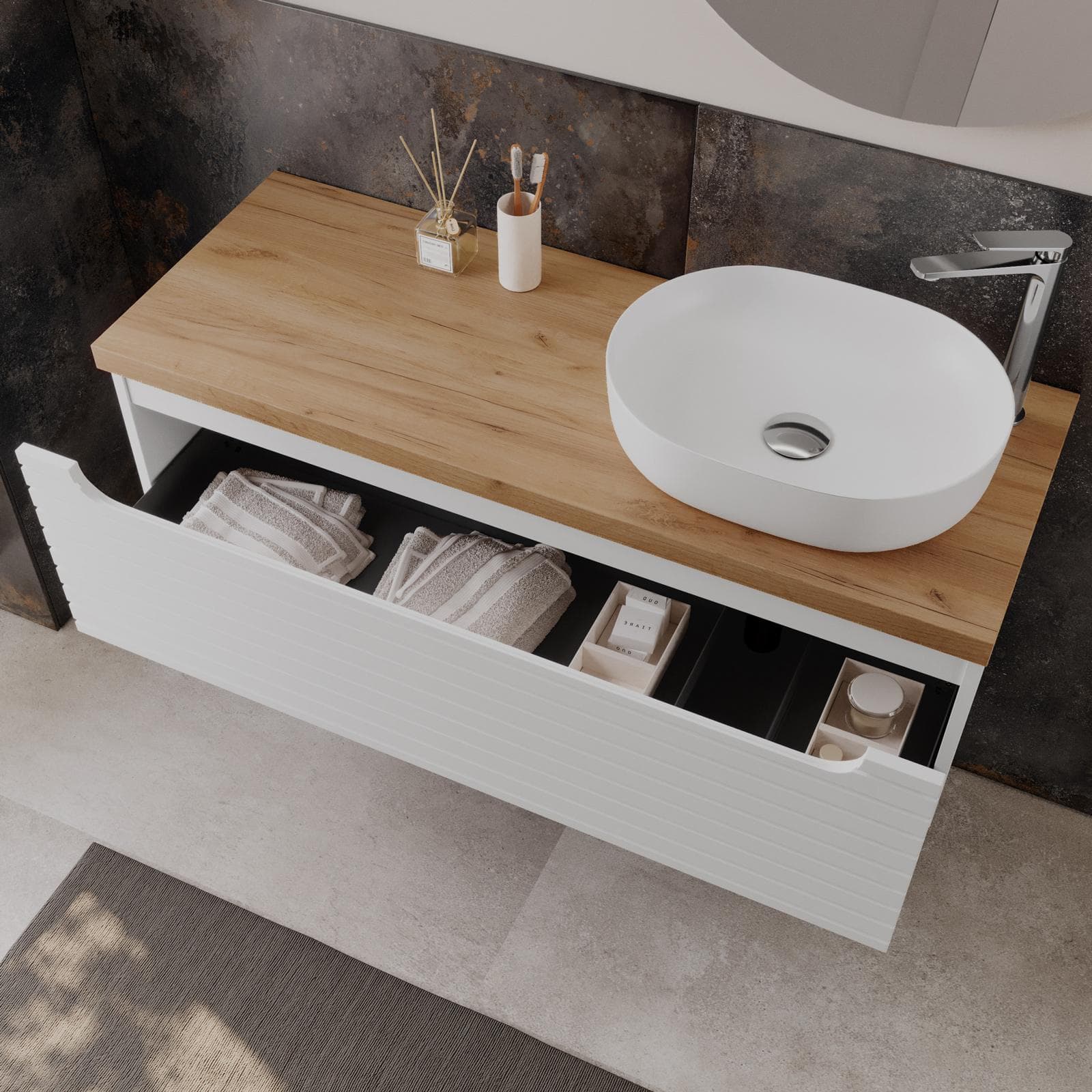 Mobile bagno portalavabo dx 120 cm bianco opaco cannettato con top 3,8 h rovere gold e specchio - Deck