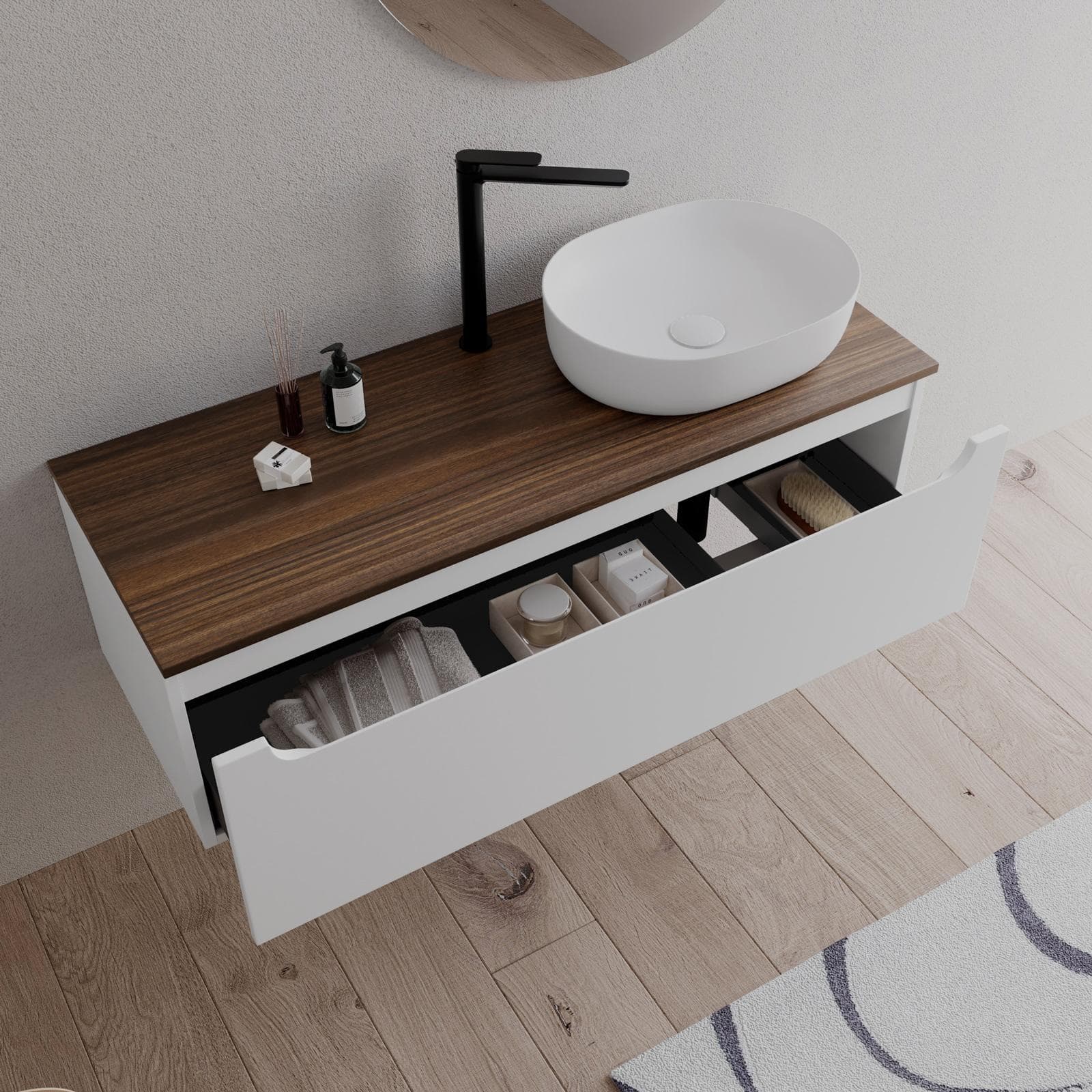 Mobile bagno portalavabo dx 120 cm bianco opaco e top rovere deciso - Sleek