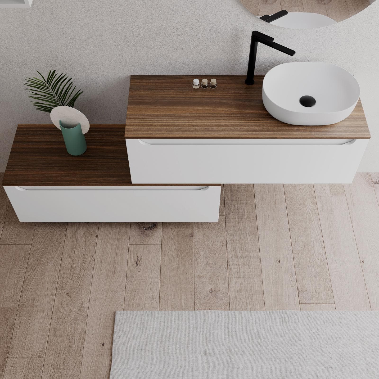 Mobile bagno portalavabo dx 120 cm con cassetti bianco opaco e top rovere deciso - Sleek