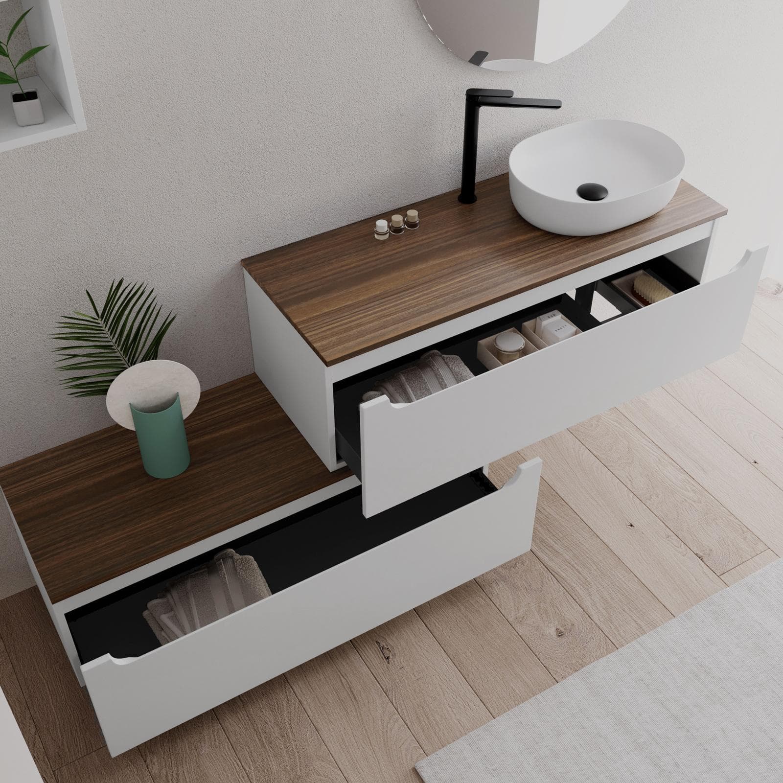 Mobile bagno portalavabo dx 120 cm con cassetti bianco opaco e top rovere deciso - Sleek