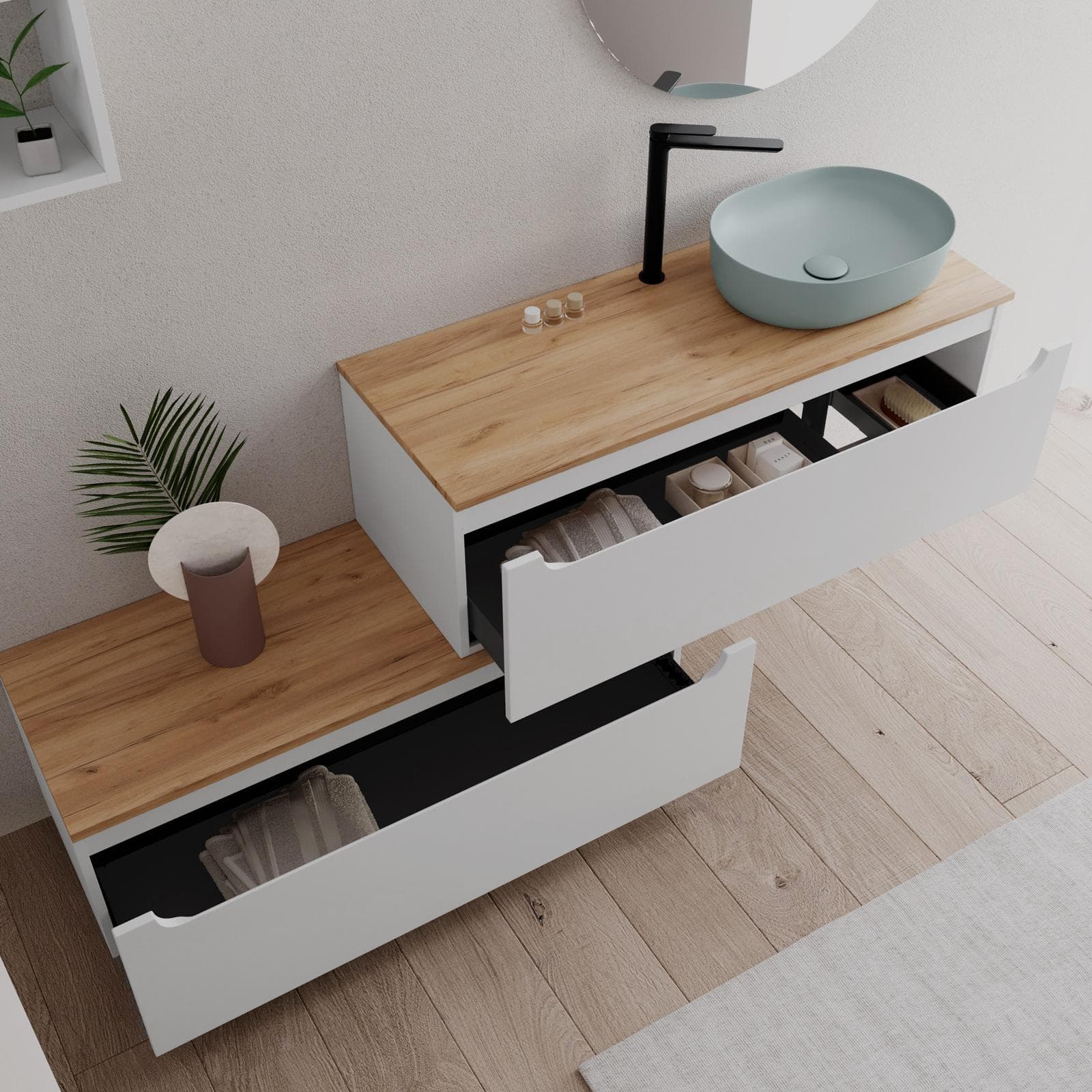 Mobile bagno portalavabo dx 120 cm con cassetti bianco opaco e top rovere gold - Sleek