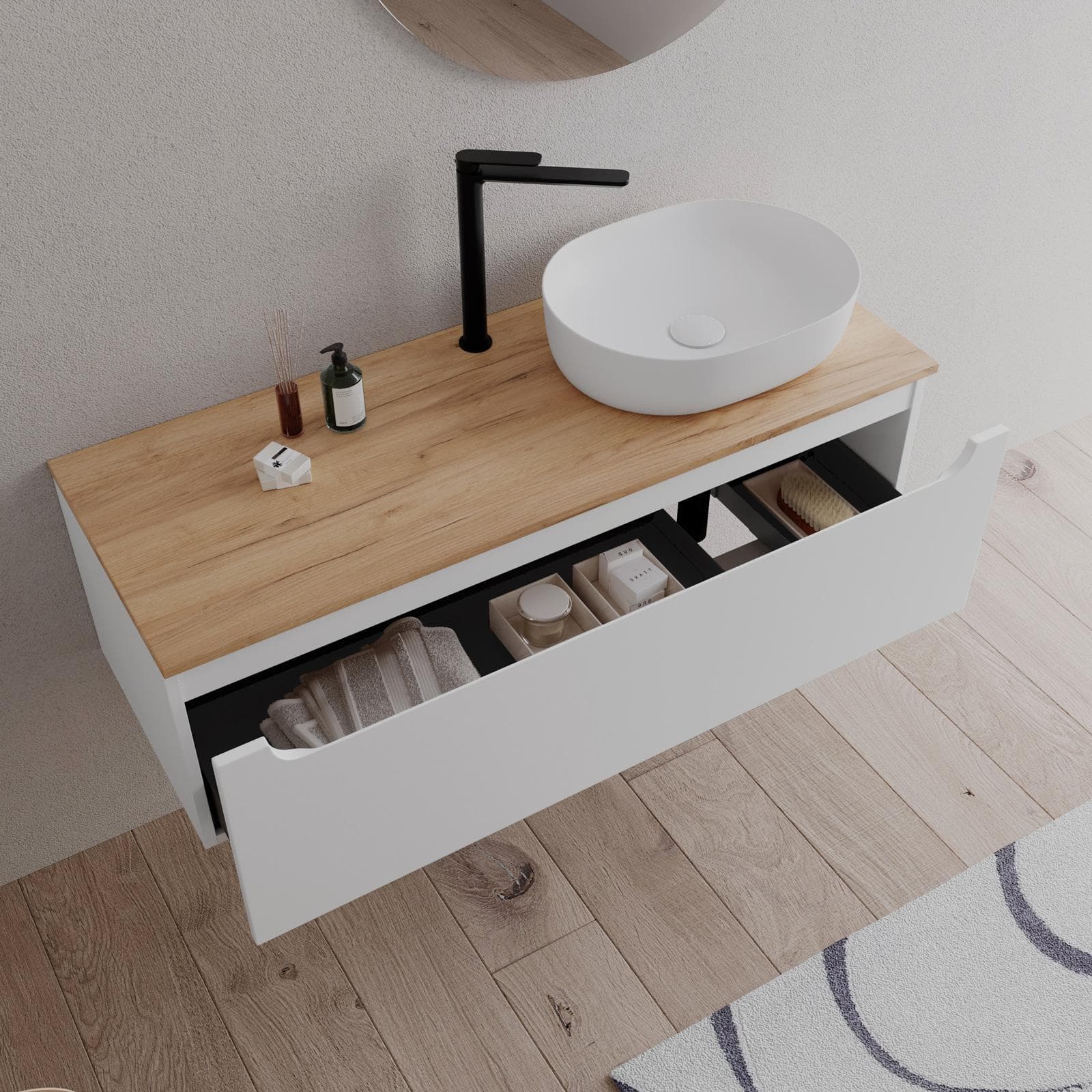Mobile bagno portalavabo dx 120 cm con cassetto bianco opaco e top rovere gold - Sleek