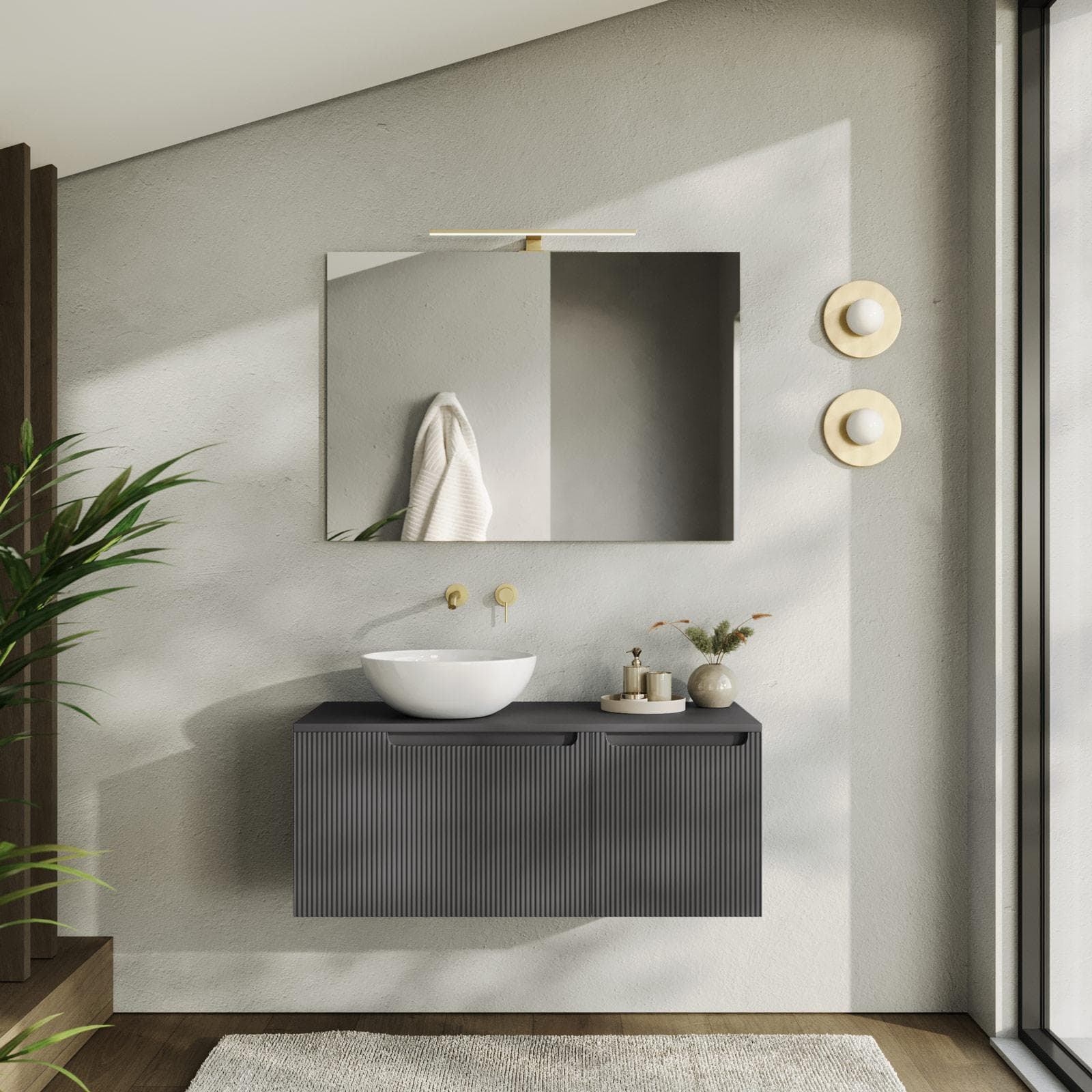 Mobile bagno sospeso 100 cm antracite cannettato con top e specchio - Konai