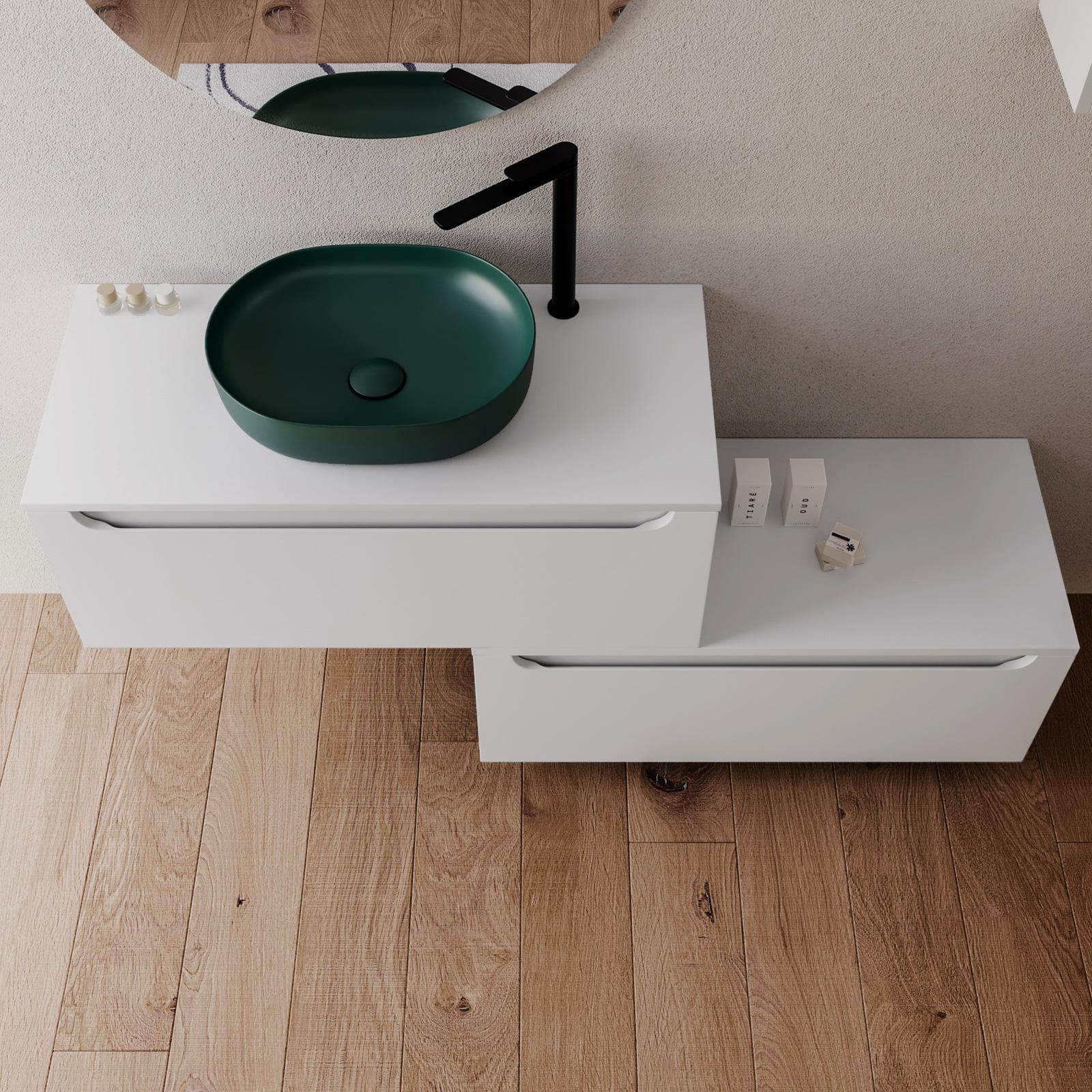 Mobile bagno sospeso 100 cm bianco opaco con cassettone e top con specchio - Sleek