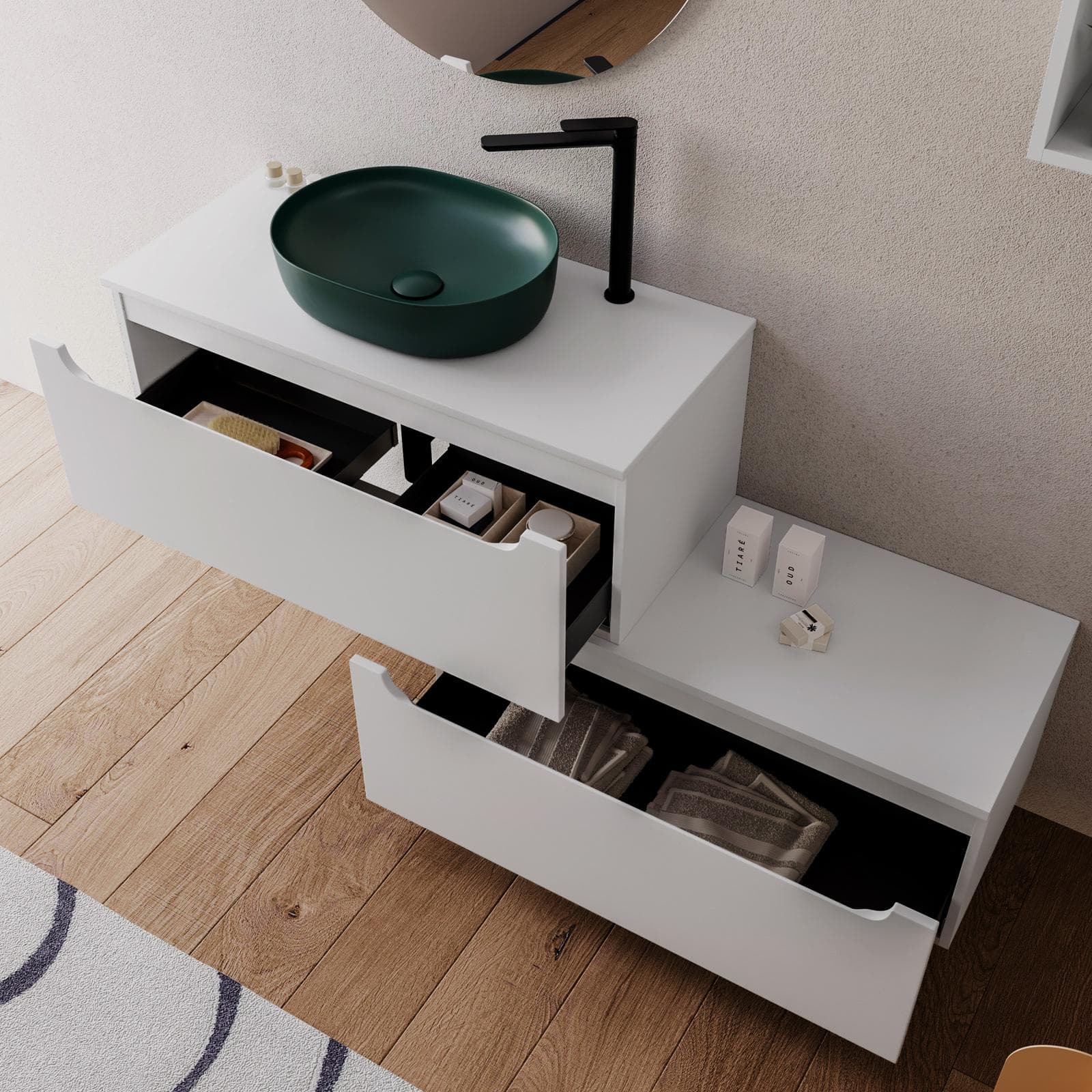 Mobile bagno sospeso 100 cm bianco opaco con cassettone e top con specchio - Sleek