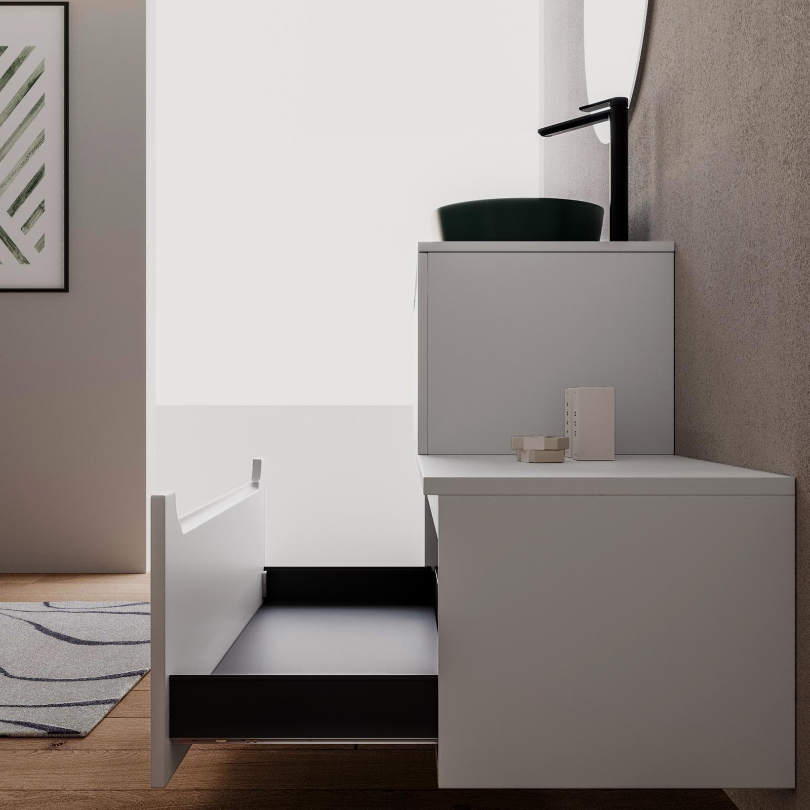 Mobile bagno sospeso 100 cm bianco opaco con cassettone e top con specchio - Sleek