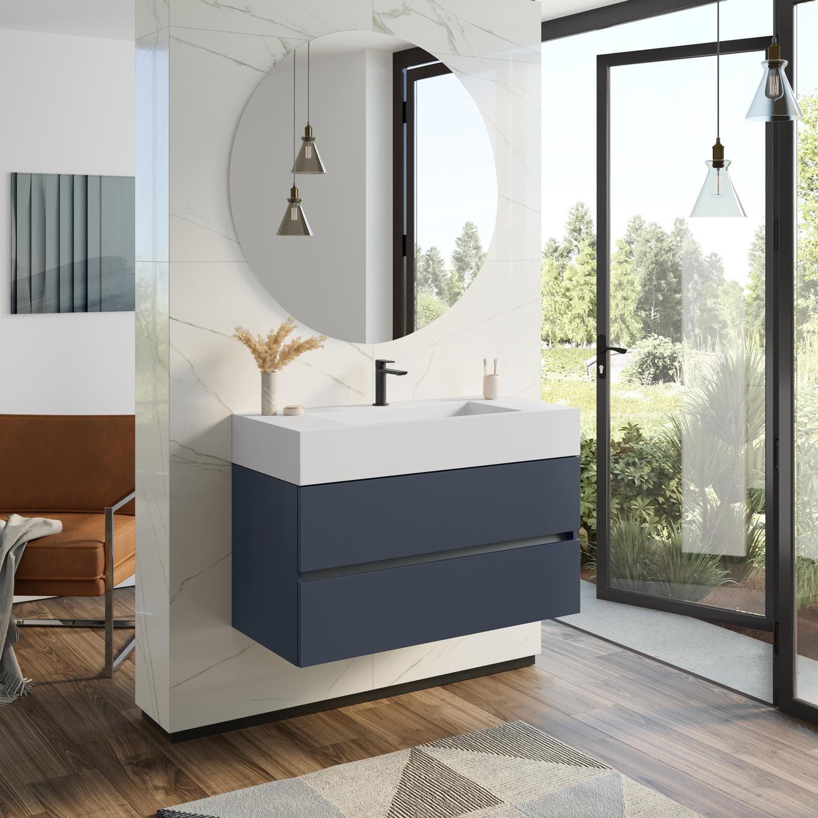 Mobile bagno sospeso 100 cm blu opaco con top lavabo e specchio - Cover