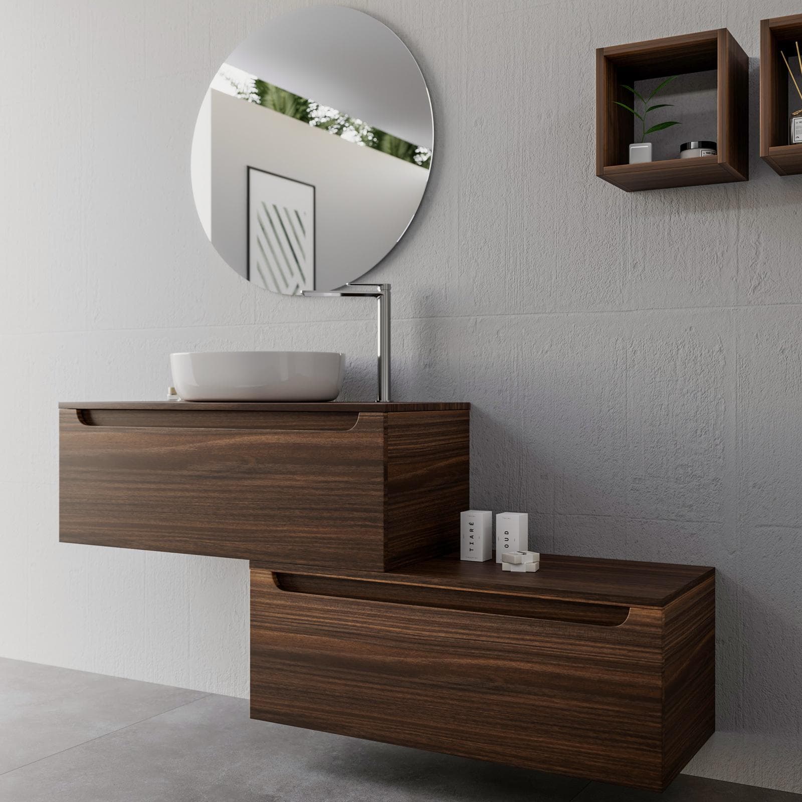 Mobile bagno sospeso 100 cm rovere deciso con cassettone e top con specchio - Sleek