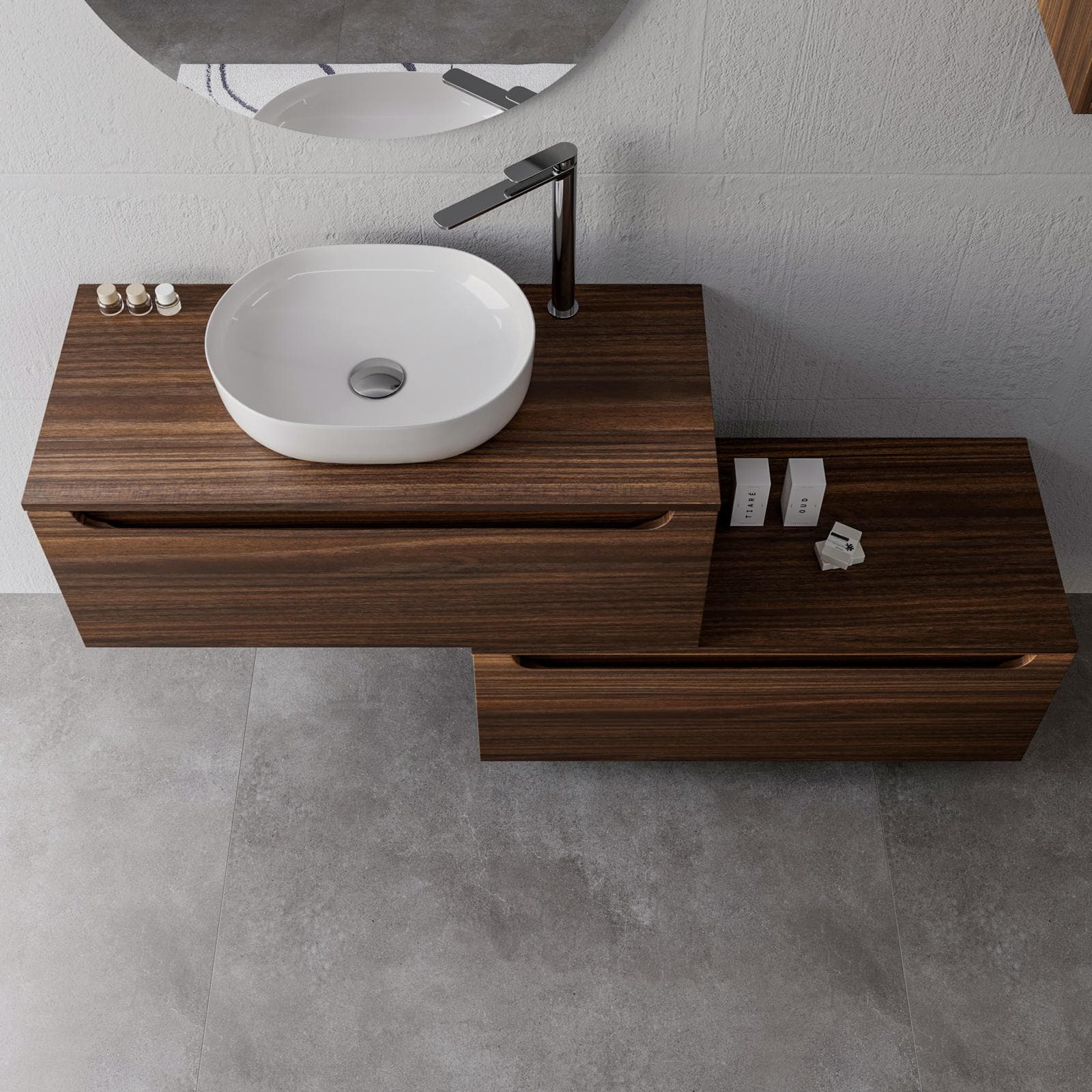 Mobile bagno sospeso 100 cm rovere deciso con cassettone e top con specchio - Sleek