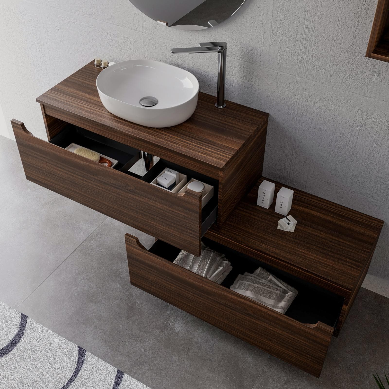 Mobile bagno sospeso 100 cm rovere deciso con cassettone e top con specchio - Sleek