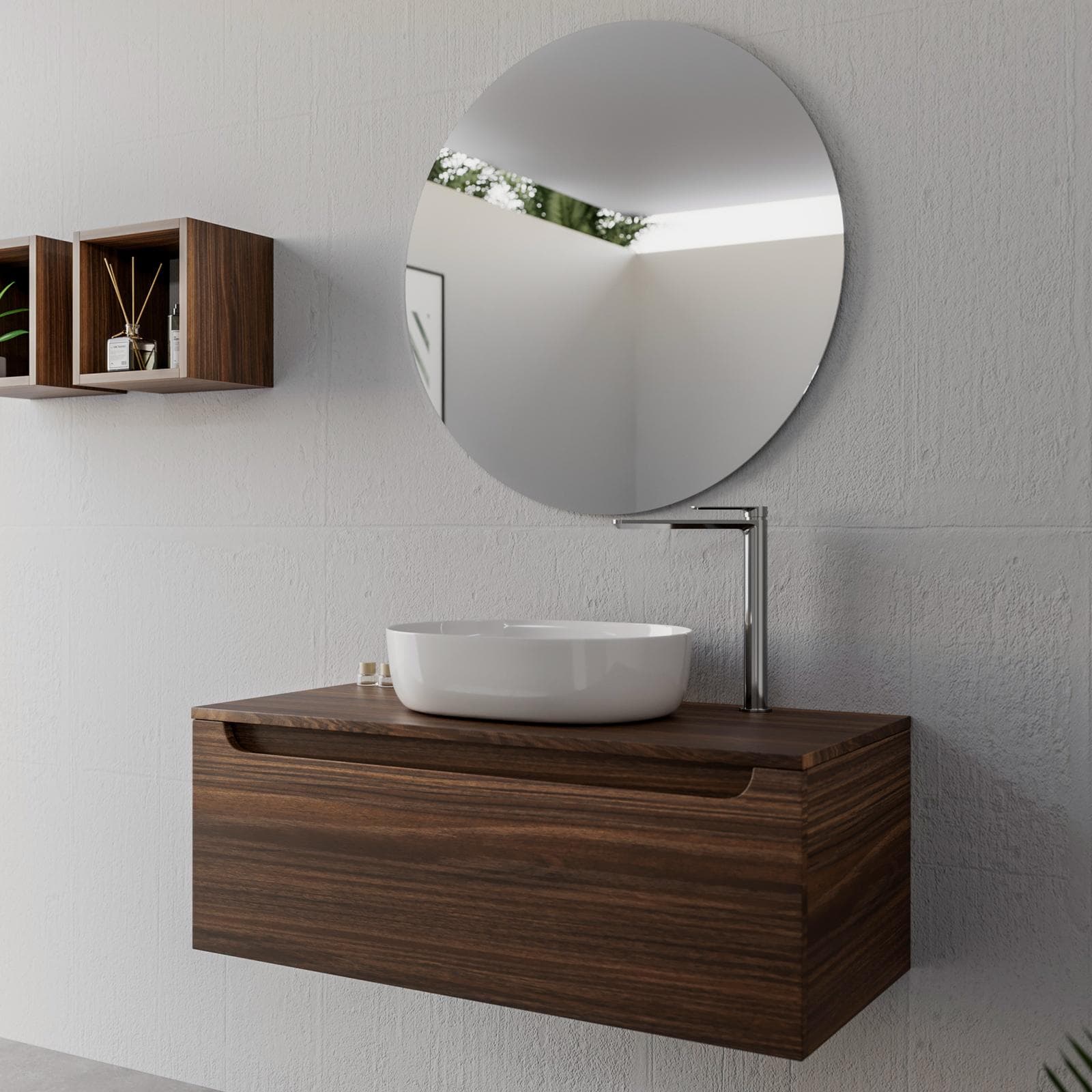 Mobile bagno sospeso 100 cm rovere deciso con top e specchio - Sleek