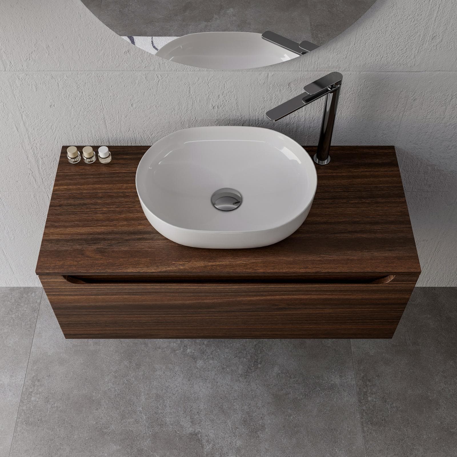 Mobile bagno sospeso 100 cm rovere deciso con top e specchio - Sleek