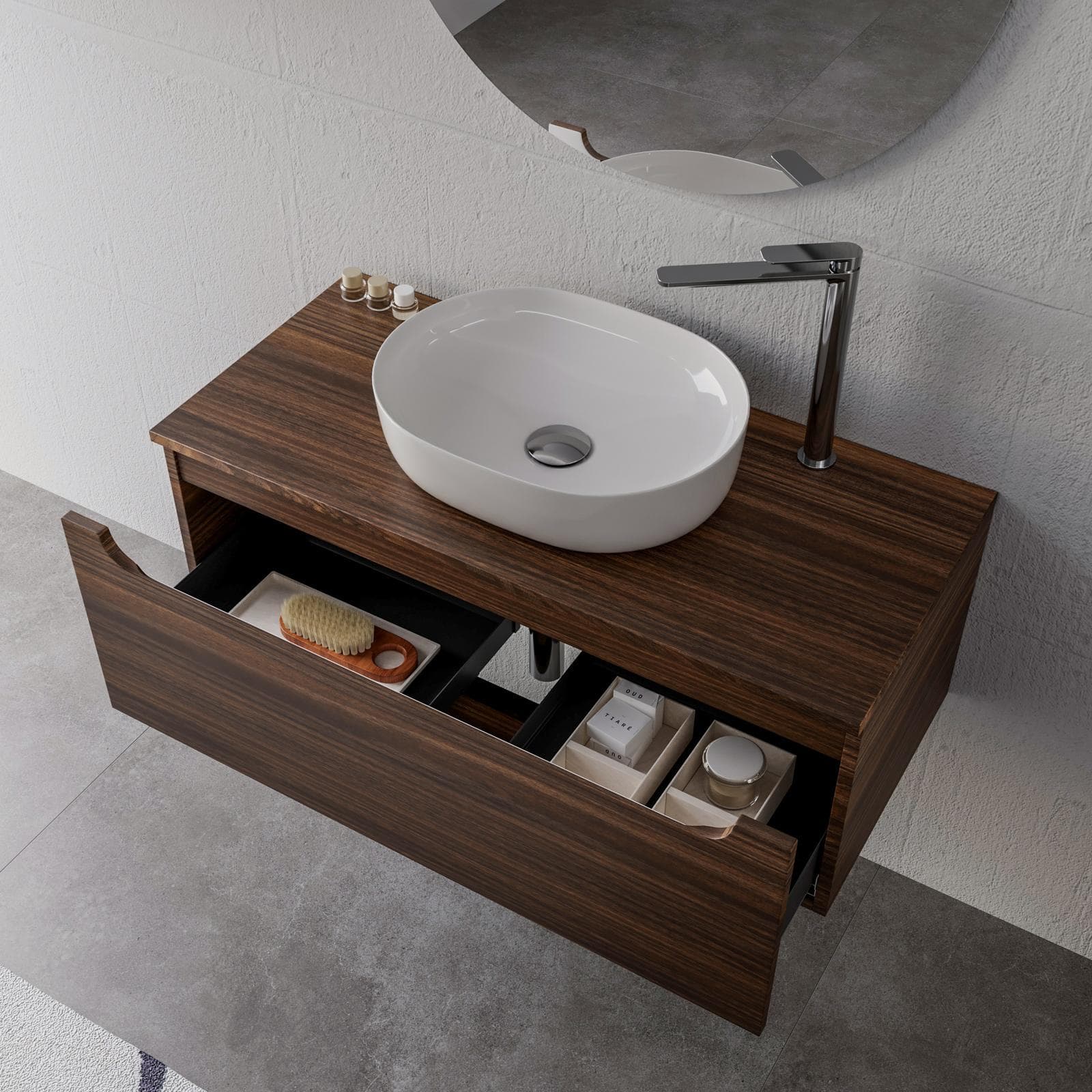 Mobile bagno sospeso 100 cm rovere deciso con top e specchio - Sleek