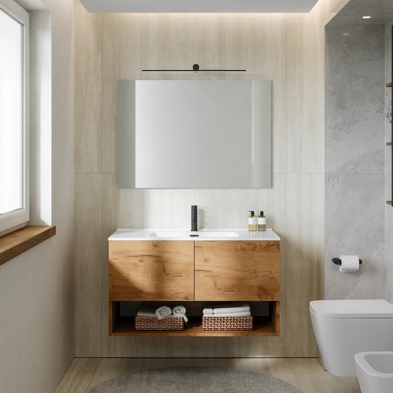 Mobile bagno sospeso 100 cm rovere gold con lavabo integrato e specchio - Lion