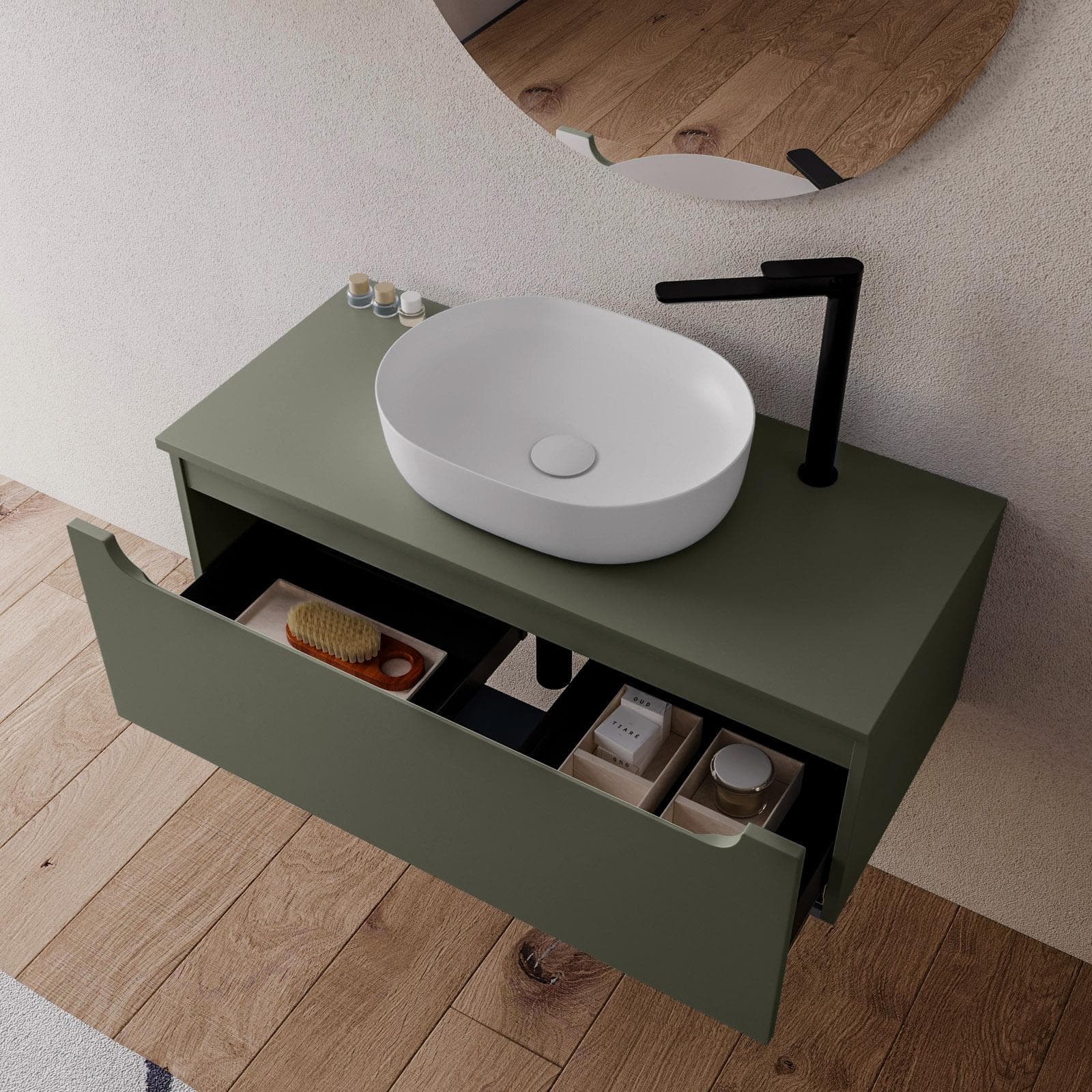 Mobile bagno sospeso 100 cm verde cemento con top e specchio - Sleek