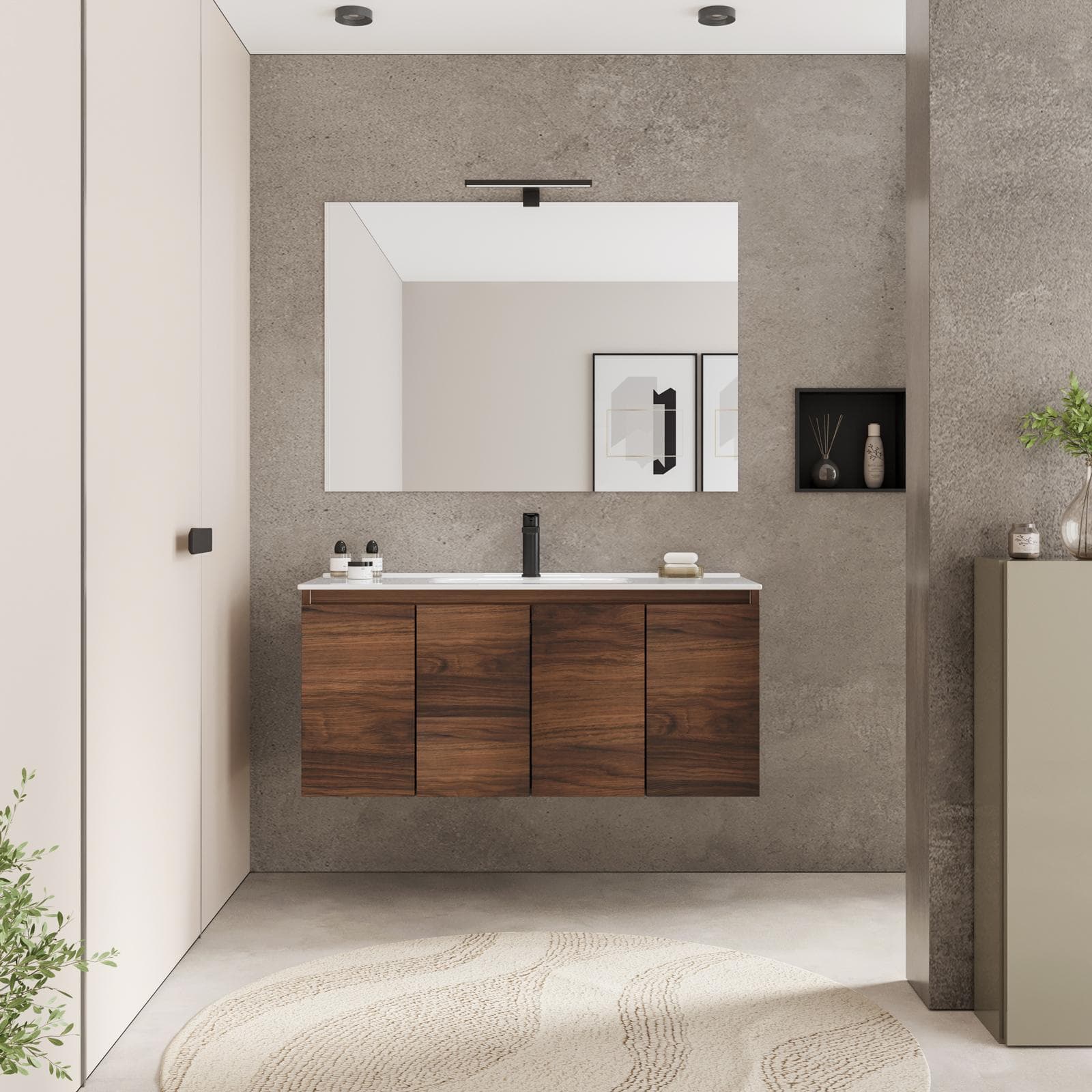 Mobile bagno sospeso 100 x 39 cm con ante rovere deciso e lavabo con specchio - Adonys