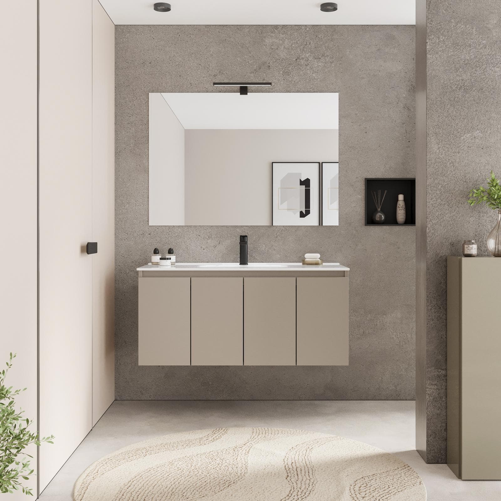 Mobile bagno sospeso 100 x 39 cm con ante tortora e lavabo con specchio - Adonys