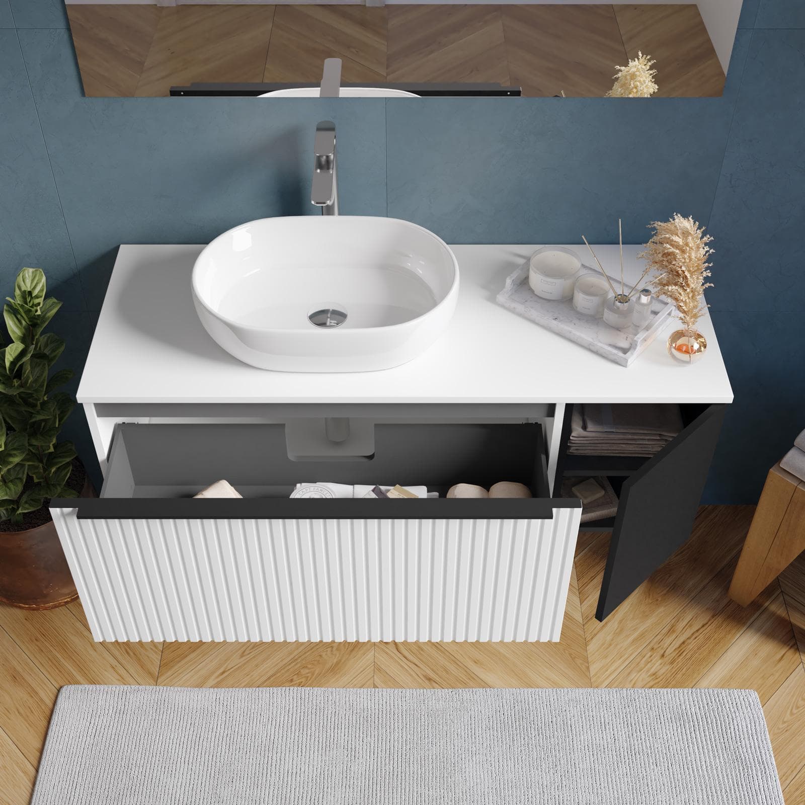 Mobile bagno sospeso 120 cm bianco opaco effetto cannettato con anta nero opaco e top con specchio - Lameck
