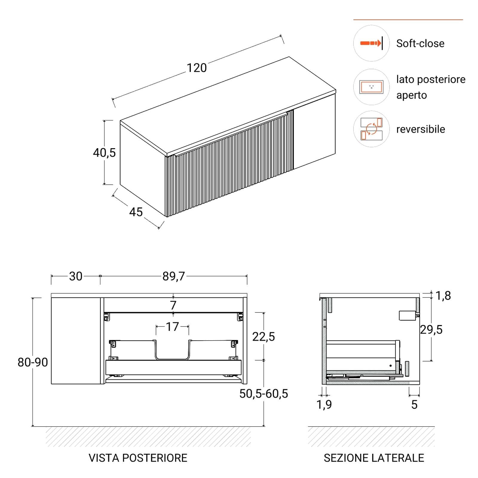 Mobile bagno sospeso 120 cm bianco opaco effetto cannettato con anta nero opaco e top con specchio - Lameck