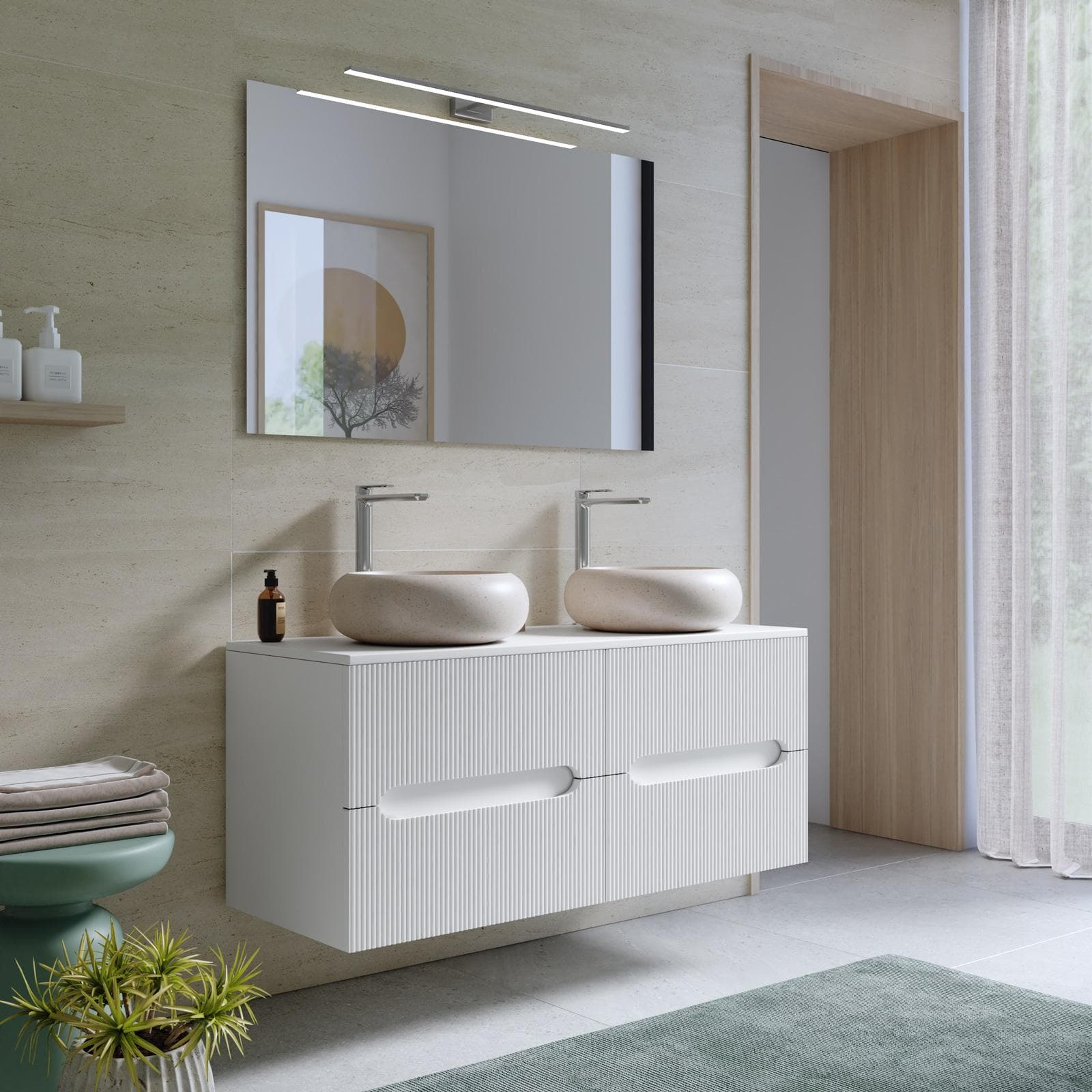 Mobile bagno sospeso 120 cm cannettato bianco opaco con top e specchio - Tayga