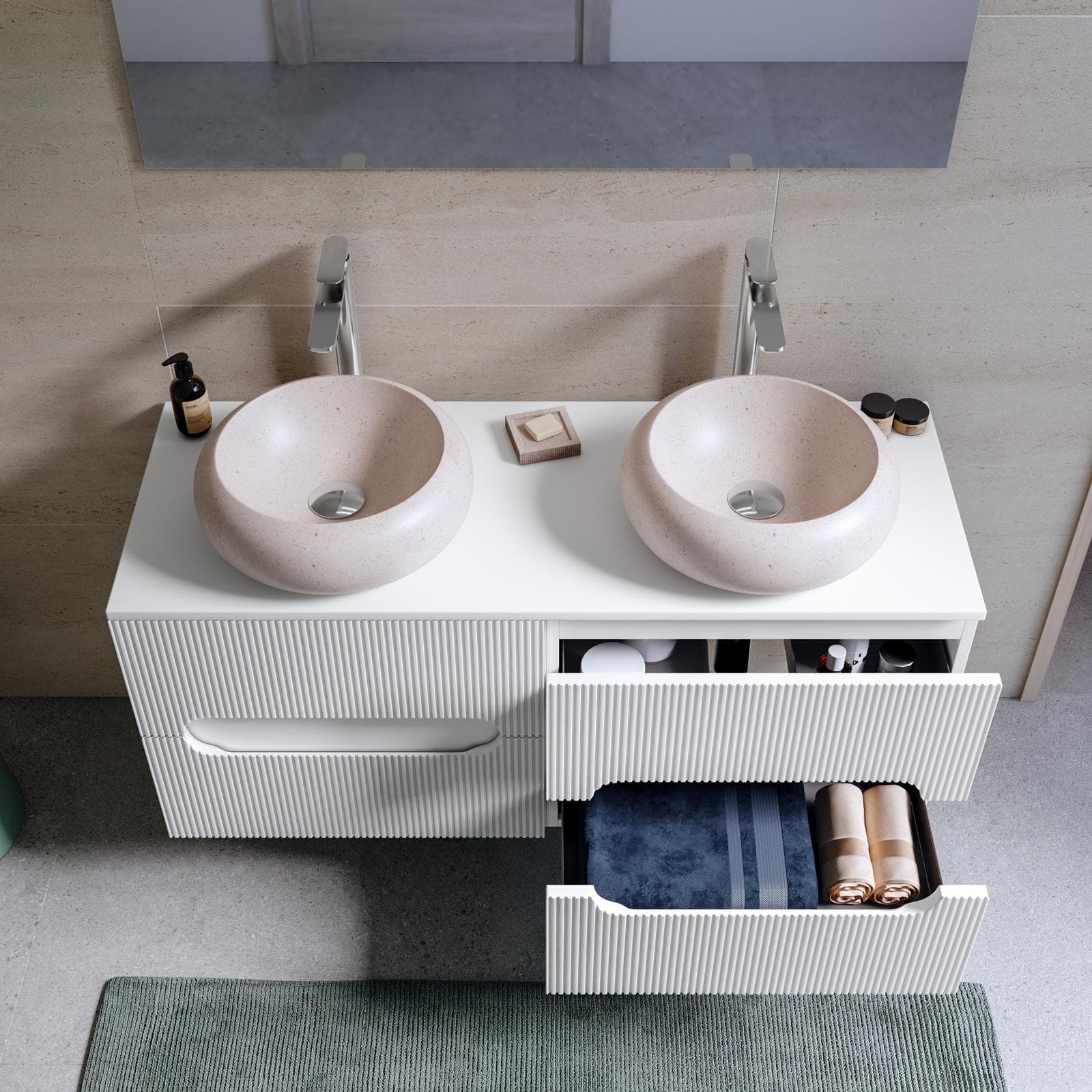 Mobile bagno sospeso 120 cm cannettato bianco opaco con top e specchio - Tayga