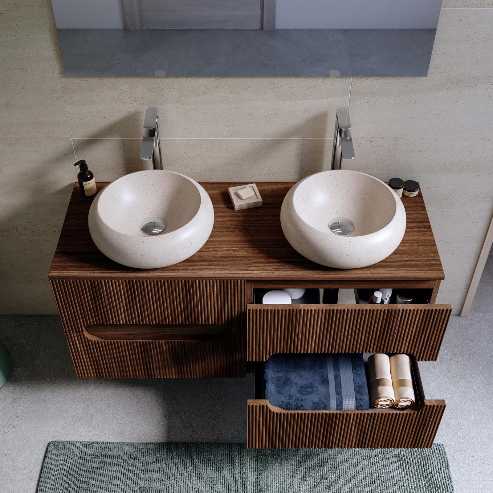 Mobile bagno sospeso 120 cm cannettato rovere deciso con top e specchio - Tayga
