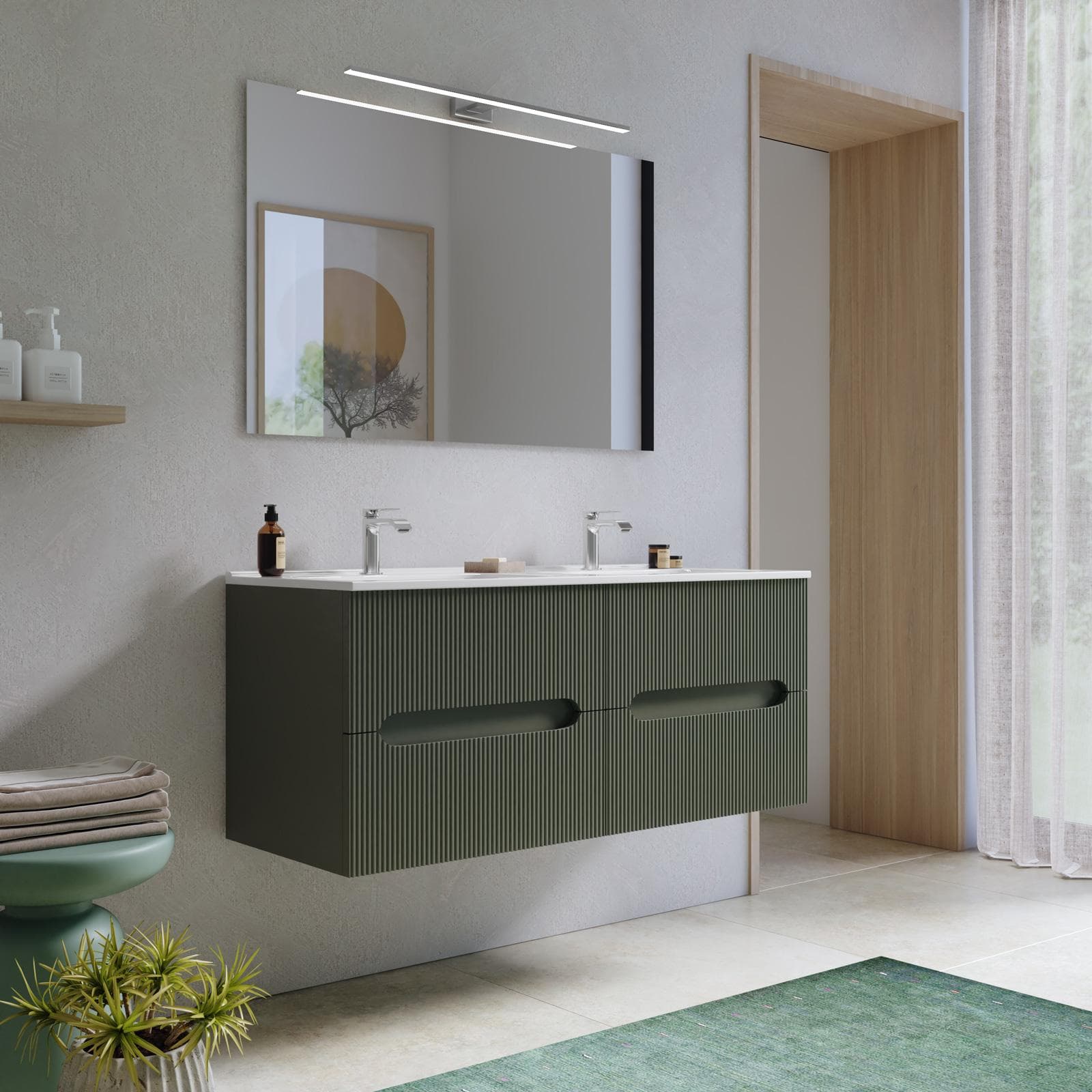 Mobile bagno sospeso 120 cm cannettato verde cemento con lavabo e specchio - Tayga