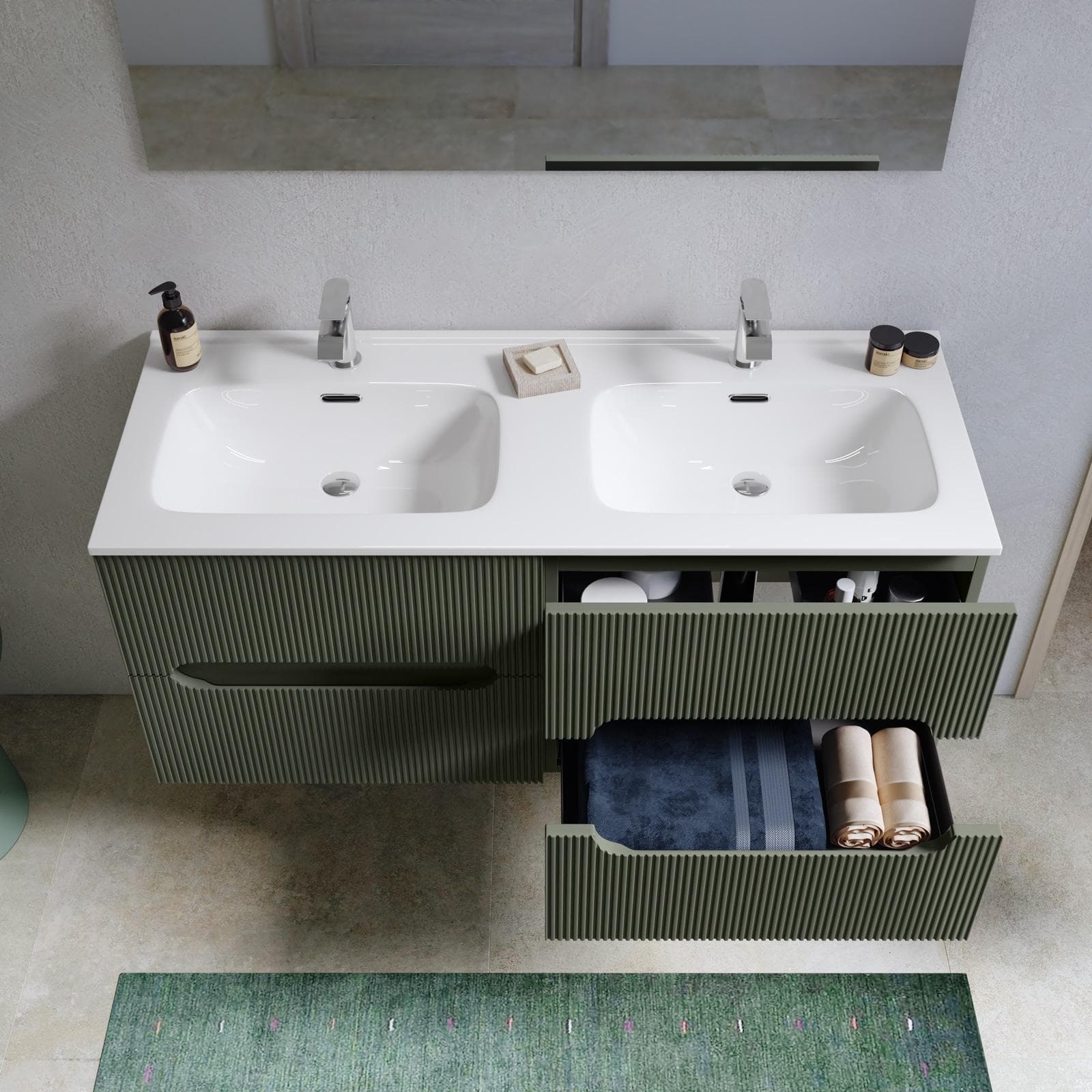 Mobile bagno sospeso 120 cm cannettato verde cemento con lavabo e specchio - Tayga