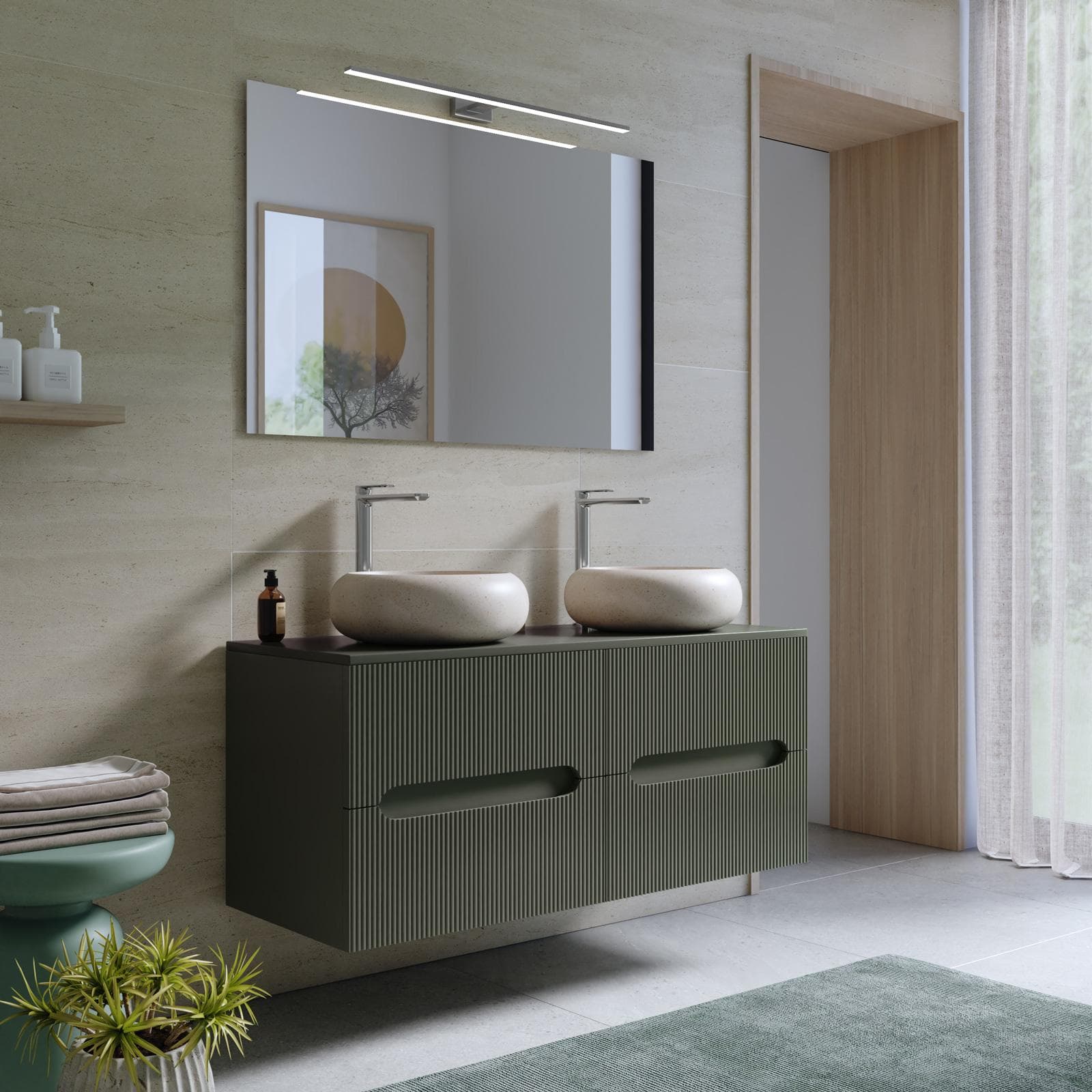 Mobile bagno sospeso 120 cm cannettato verde cemento con top e specchio - Tayga