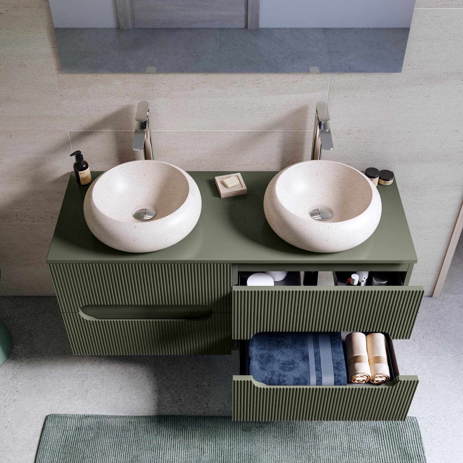 Mobile bagno sospeso 120 cm cannettato verde cemento con top e specchio - Tayga