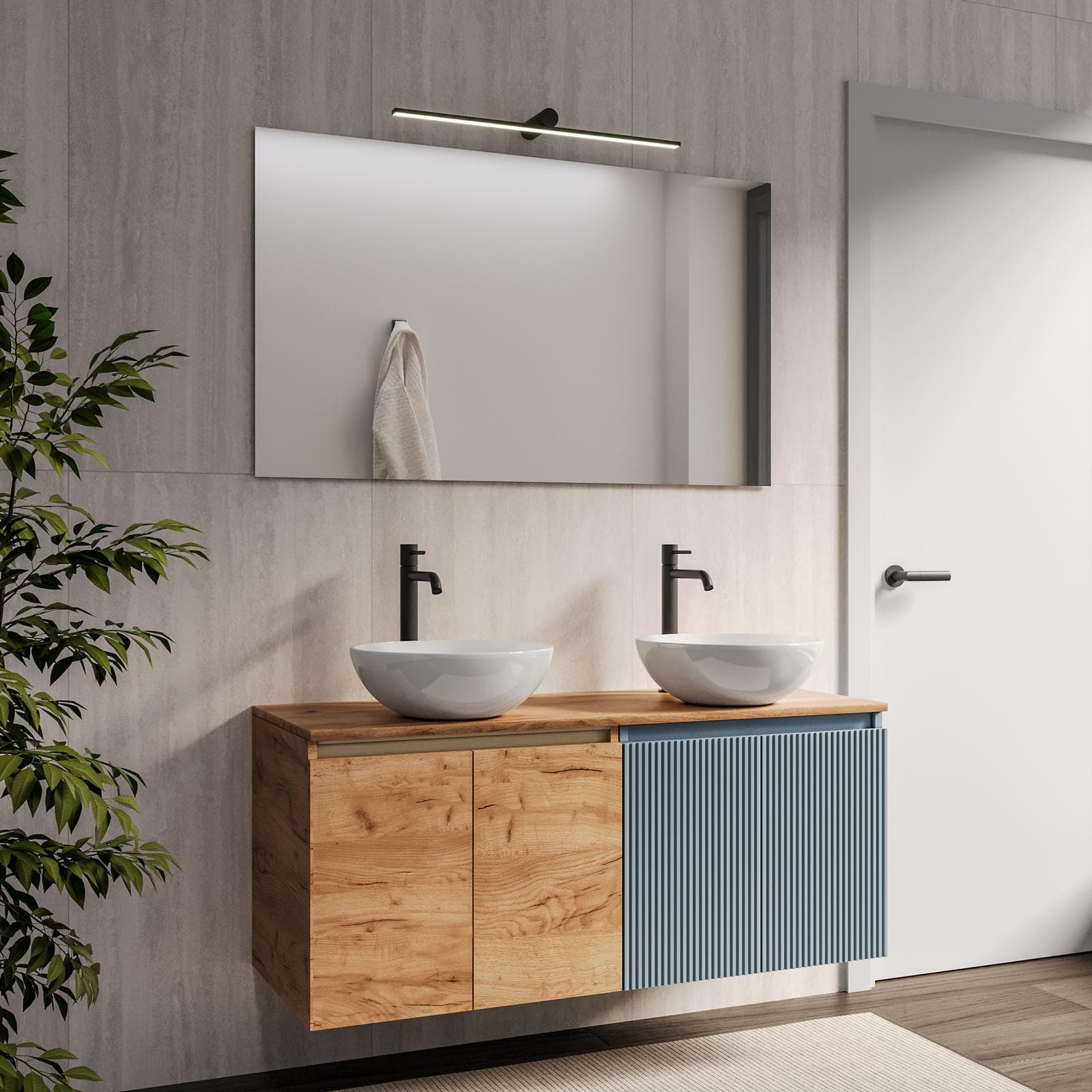 Mobile bagno sospeso 120 cm carta da zucchero con top rovere gold e specchio - Neko