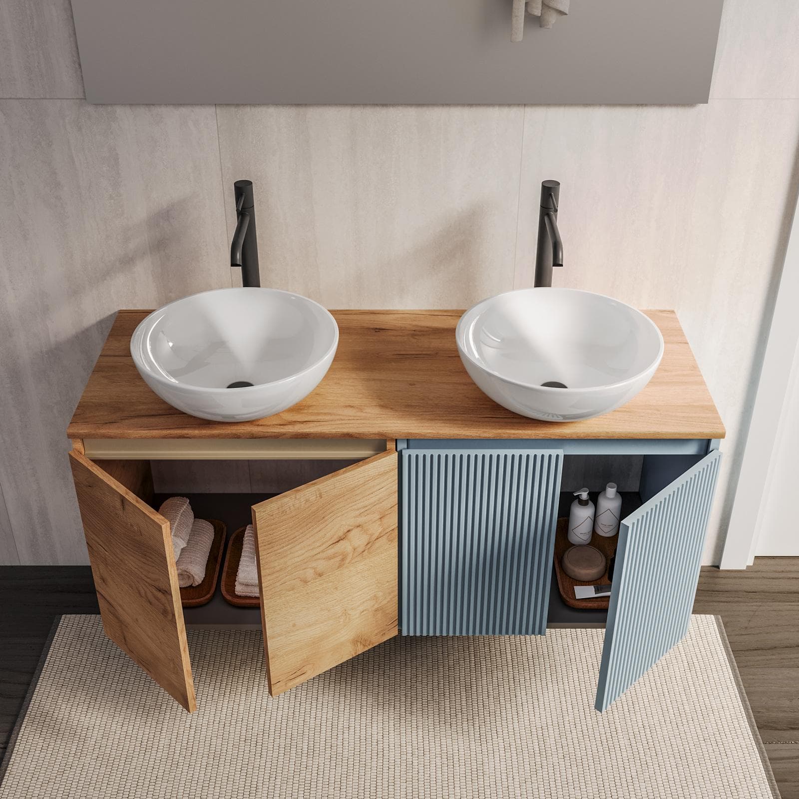 Mobile bagno sospeso 120 cm carta da zucchero con top rovere gold e specchio - Neko