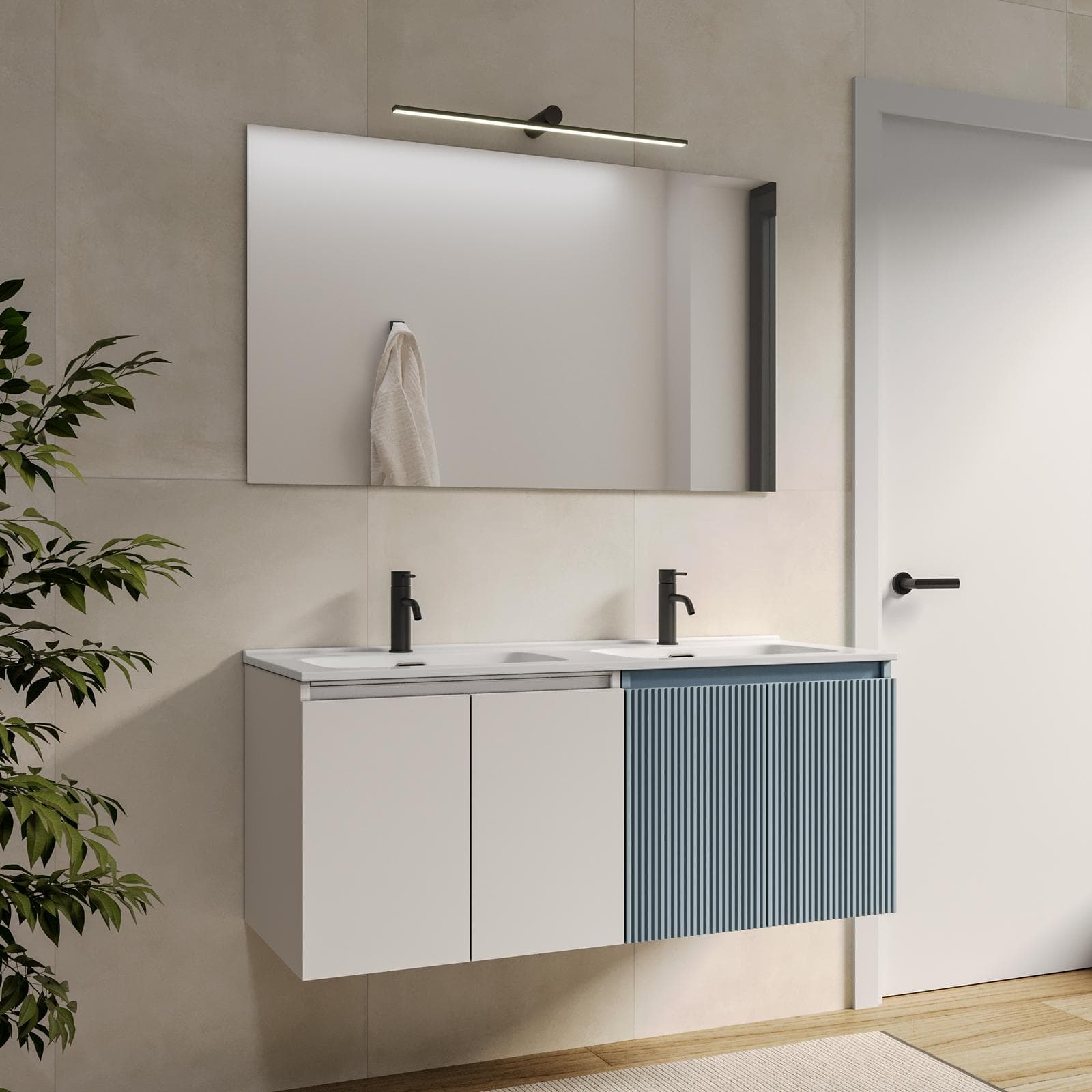Mobile bagno sospeso 120 cm carta da zucchero e bianco opaco con lavabo e specchio - Neko