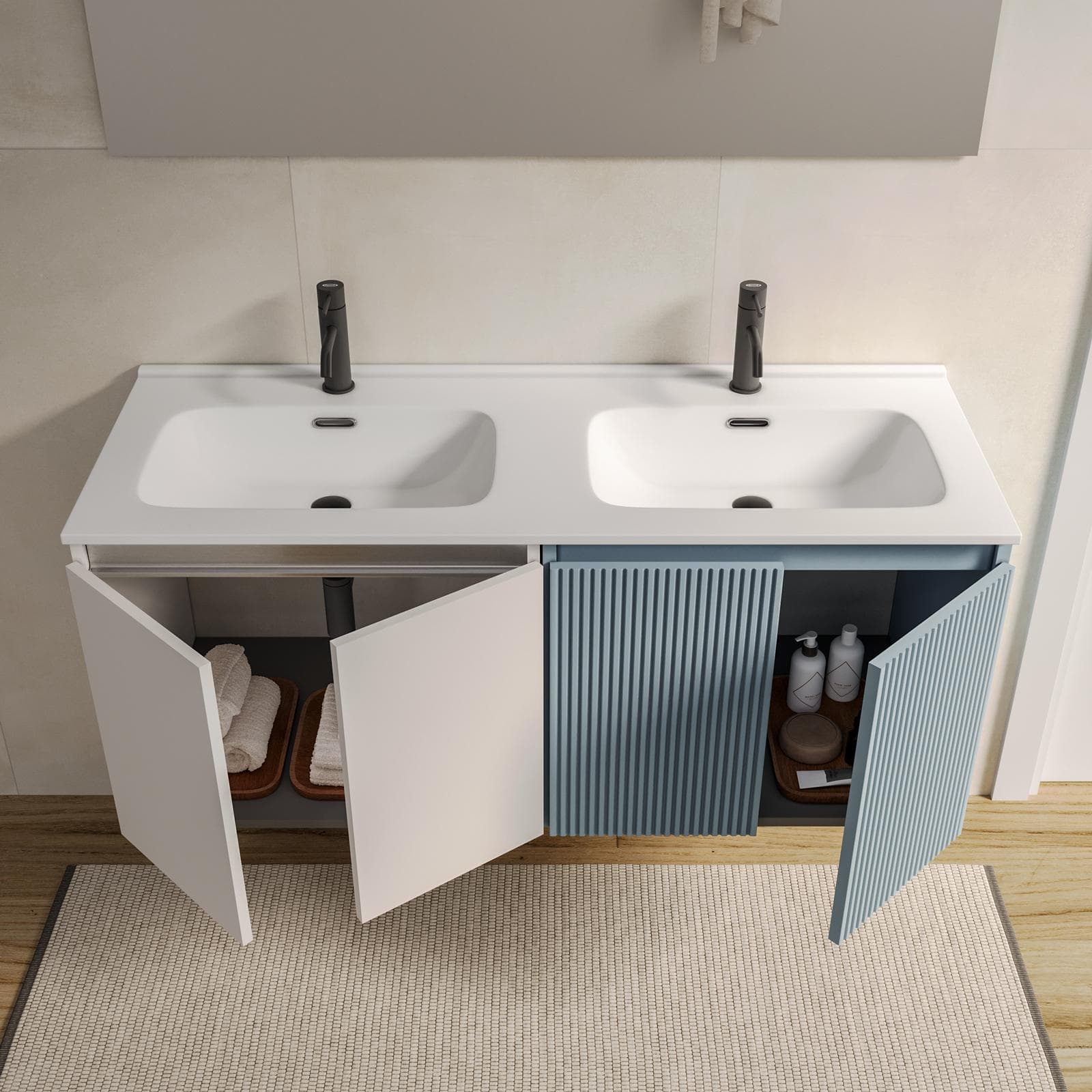 Mobile bagno sospeso 120 cm carta da zucchero e bianco opaco con lavabo e specchio - Neko