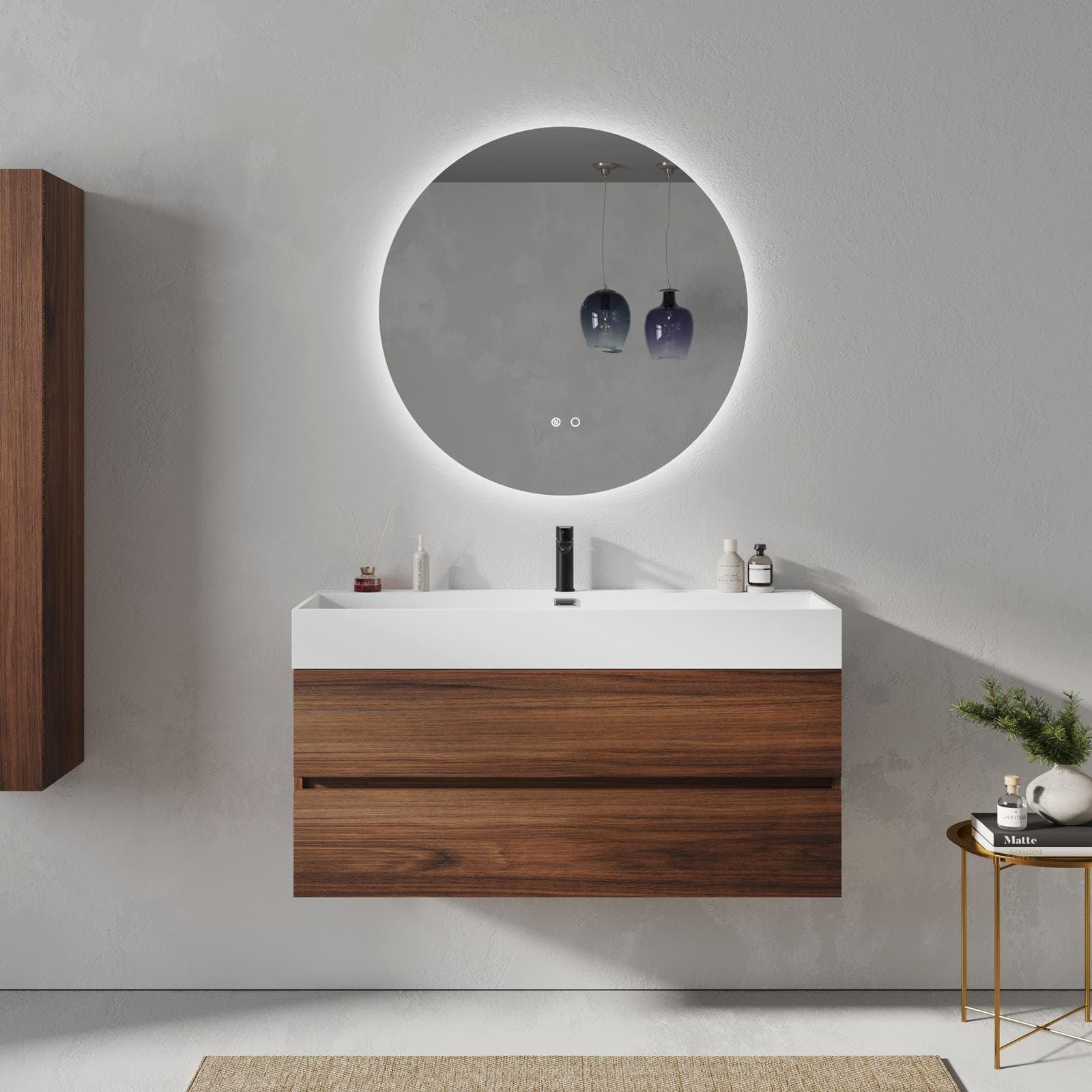 Mobile bagno sospeso 120 cm rovere deciso 2 cassetti con lavabo integrato e specchio - Cuki