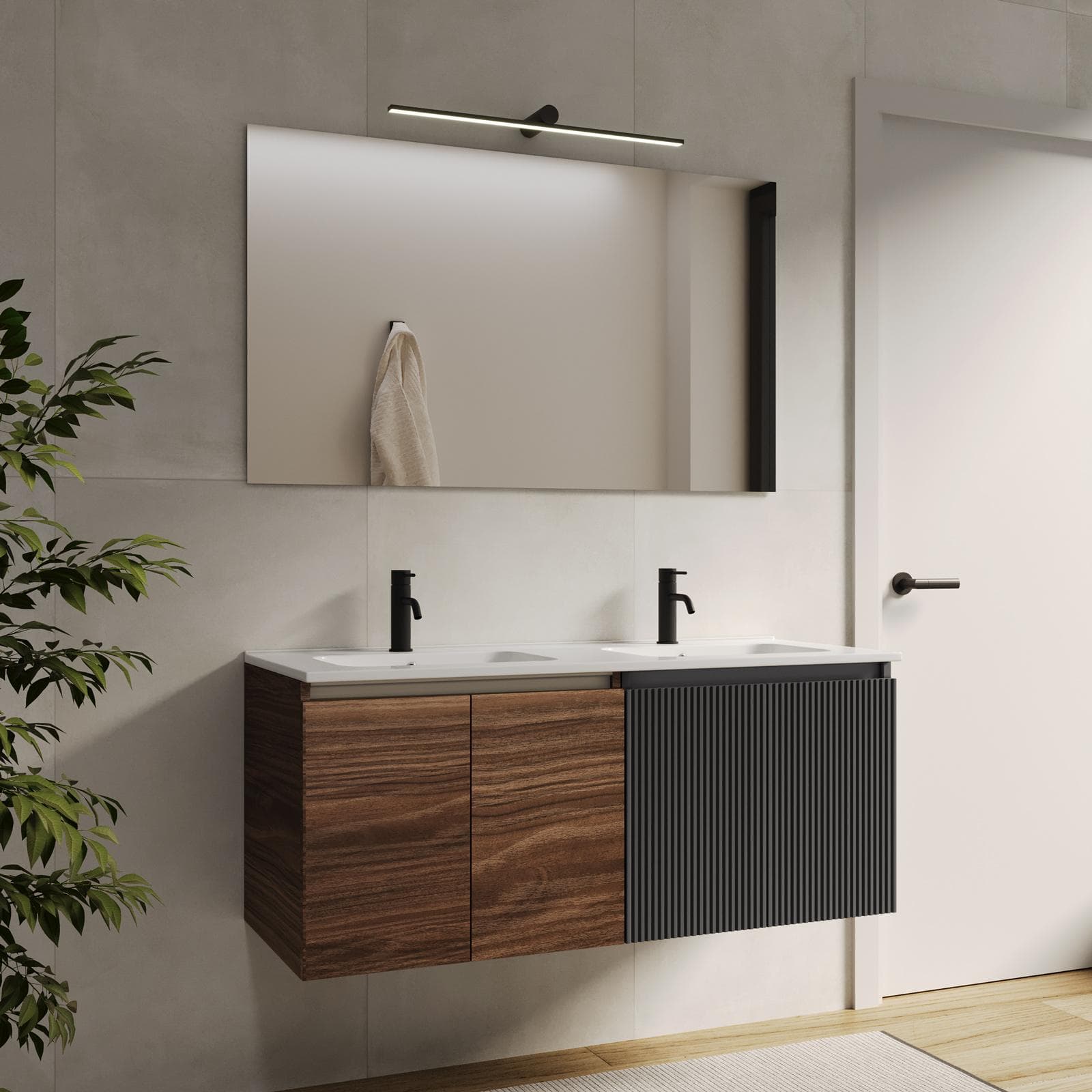 Mobile bagno sospeso 120 cm rovere deciso e antracite cannettato con lavabo e specchio - Neko