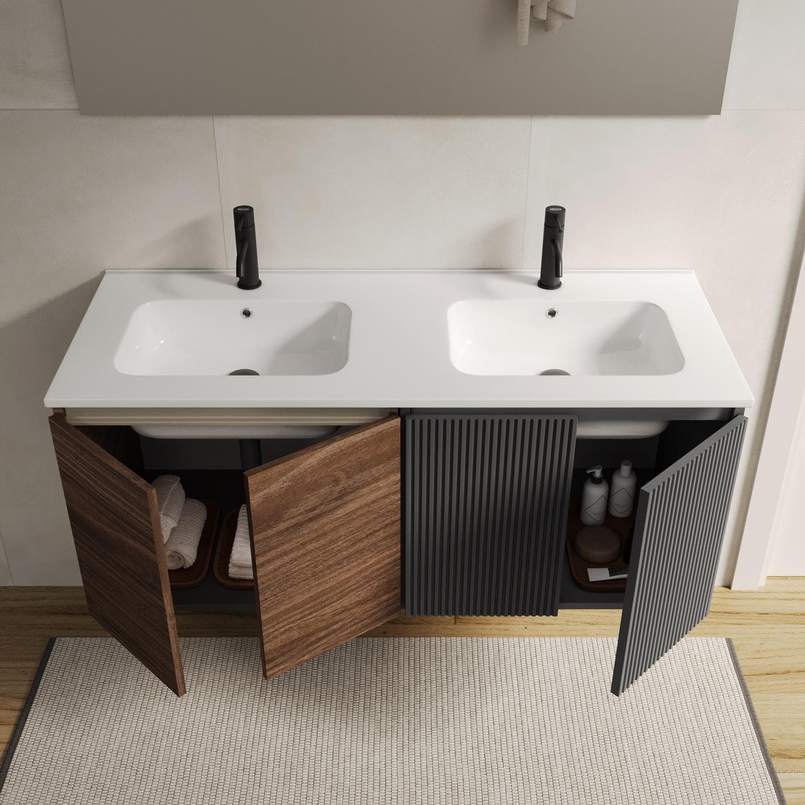 Mobile bagno sospeso 120 cm rovere deciso e antracite cannettato con lavabo e specchio - Neko