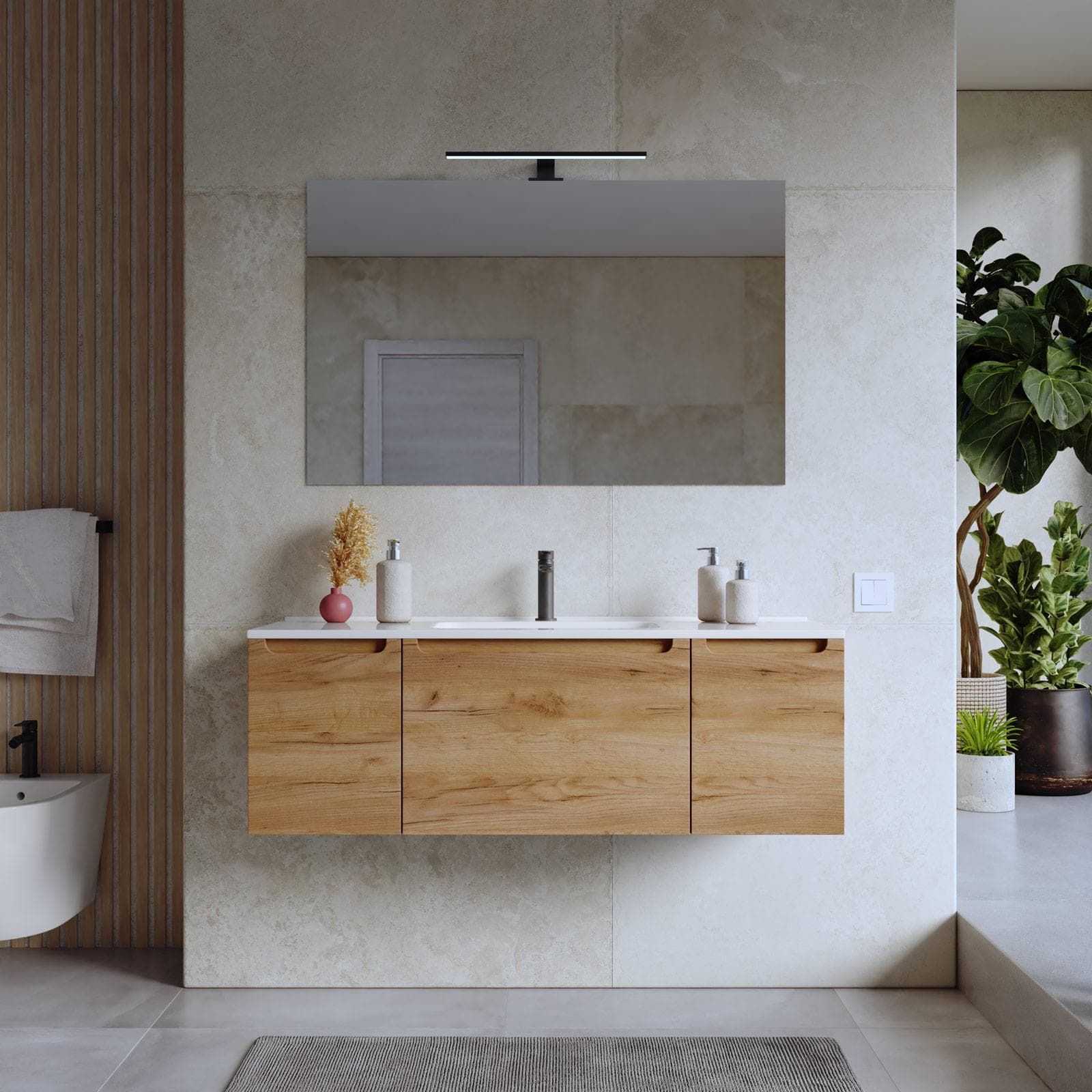 Mobile bagno sospeso 120 cm rovere gold con lavabo e specchio - Koda