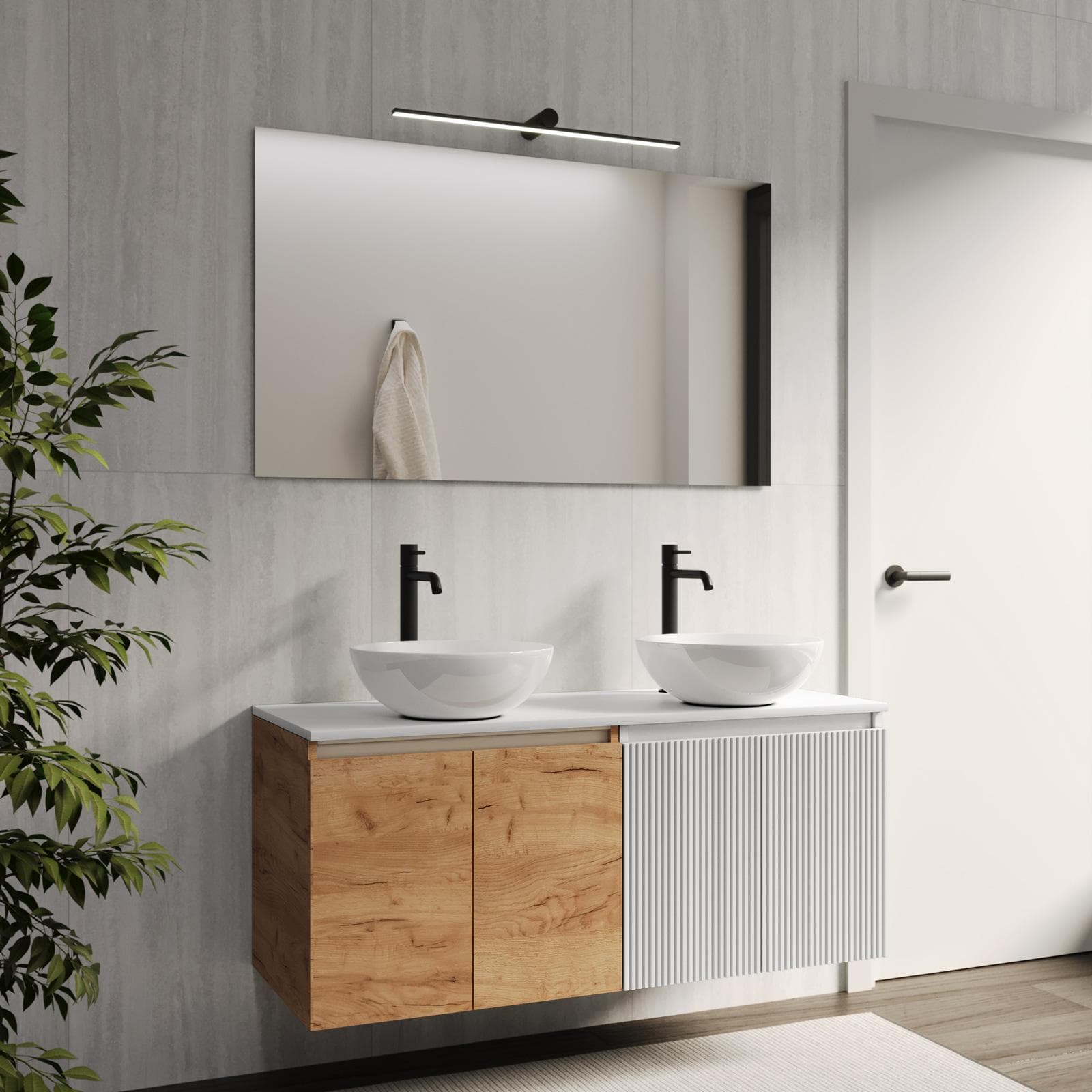 Mobile bagno sospeso 120 cm rovere gold con top bianco opaco e specchio - Neko