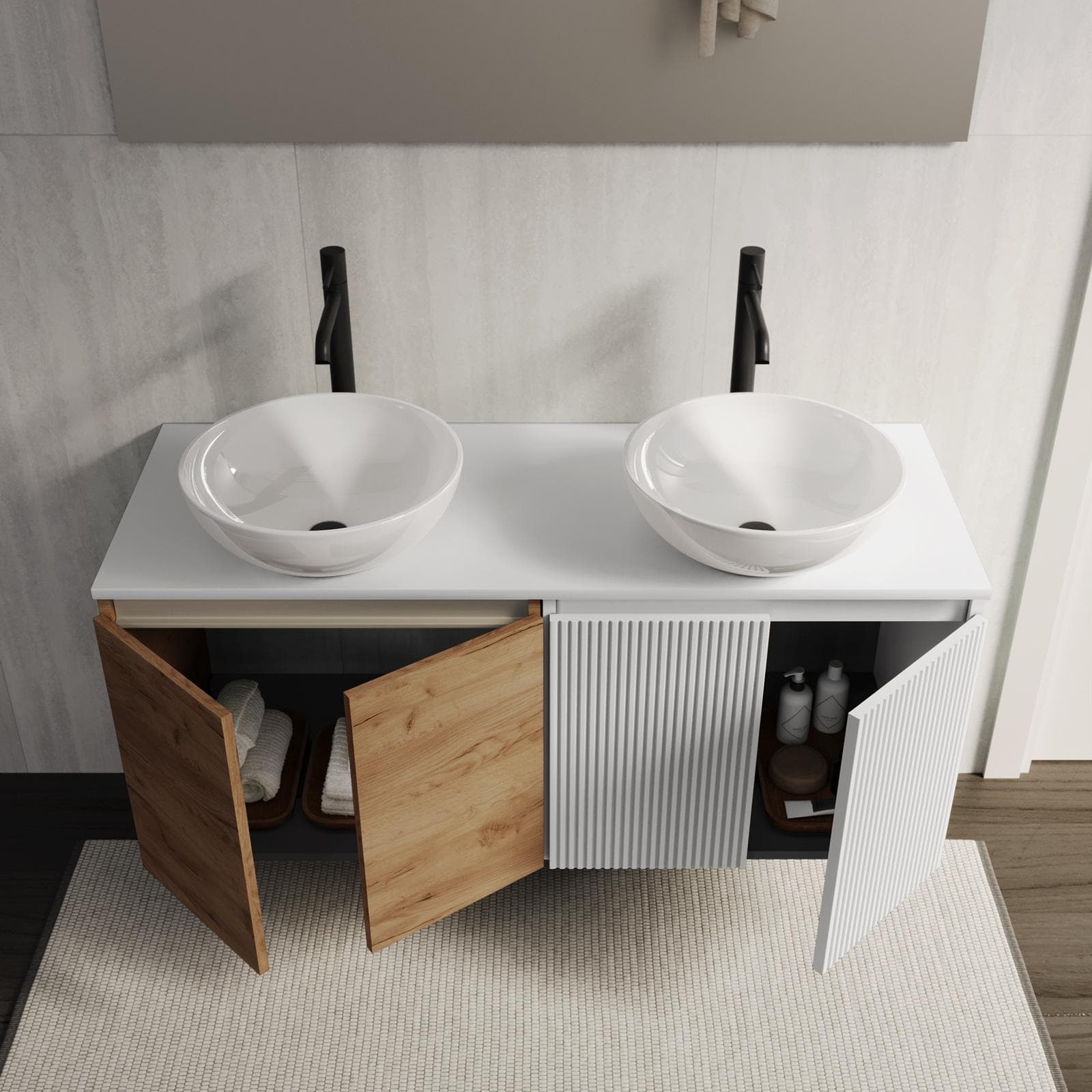Mobile bagno sospeso 120 cm rovere gold con top bianco opaco e specchio - Neko